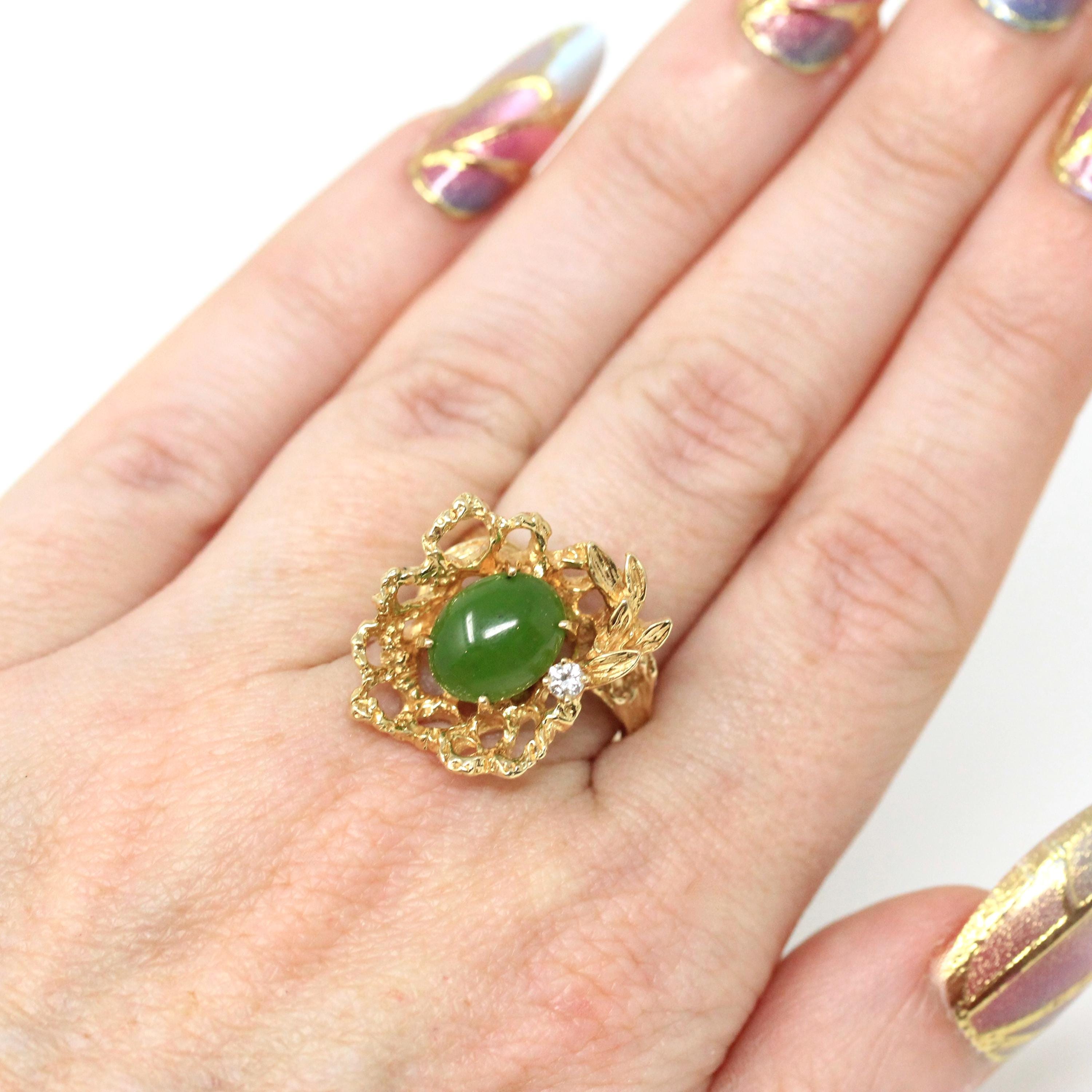 Nephrite Jade Ring - Retro 14k Yellow Gold Oval Cabochon Cut Natural Green Gemstone - Vintage Circa 1970s Era Size 7 Textured Fine Jewelry