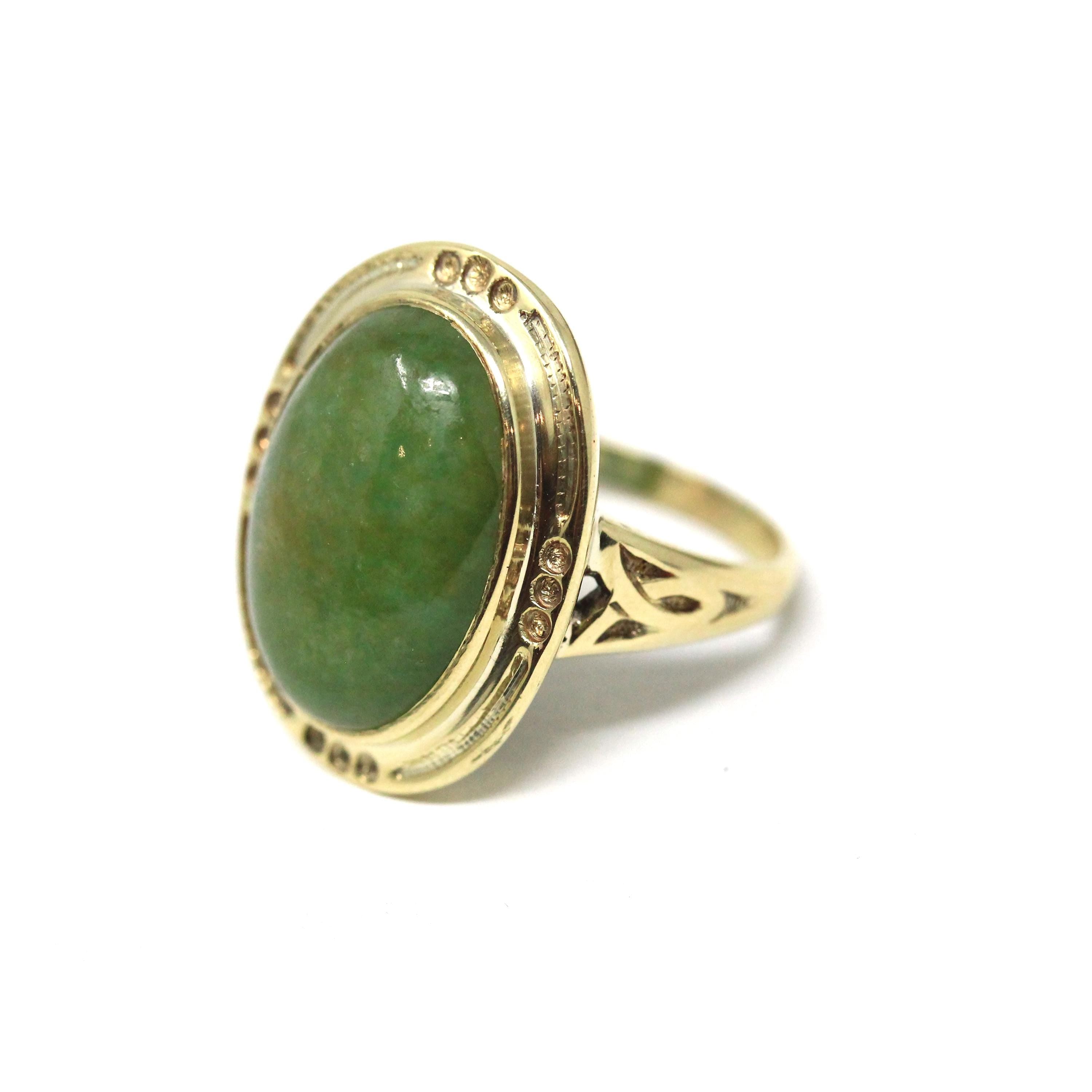 Vintage Jadeite Ring - Mid Century 14k Yellow Gold Natural Green Cabochon Cut Gemstone - Circa 1940s Era Statement Size 6 Fine 40s Jewelry