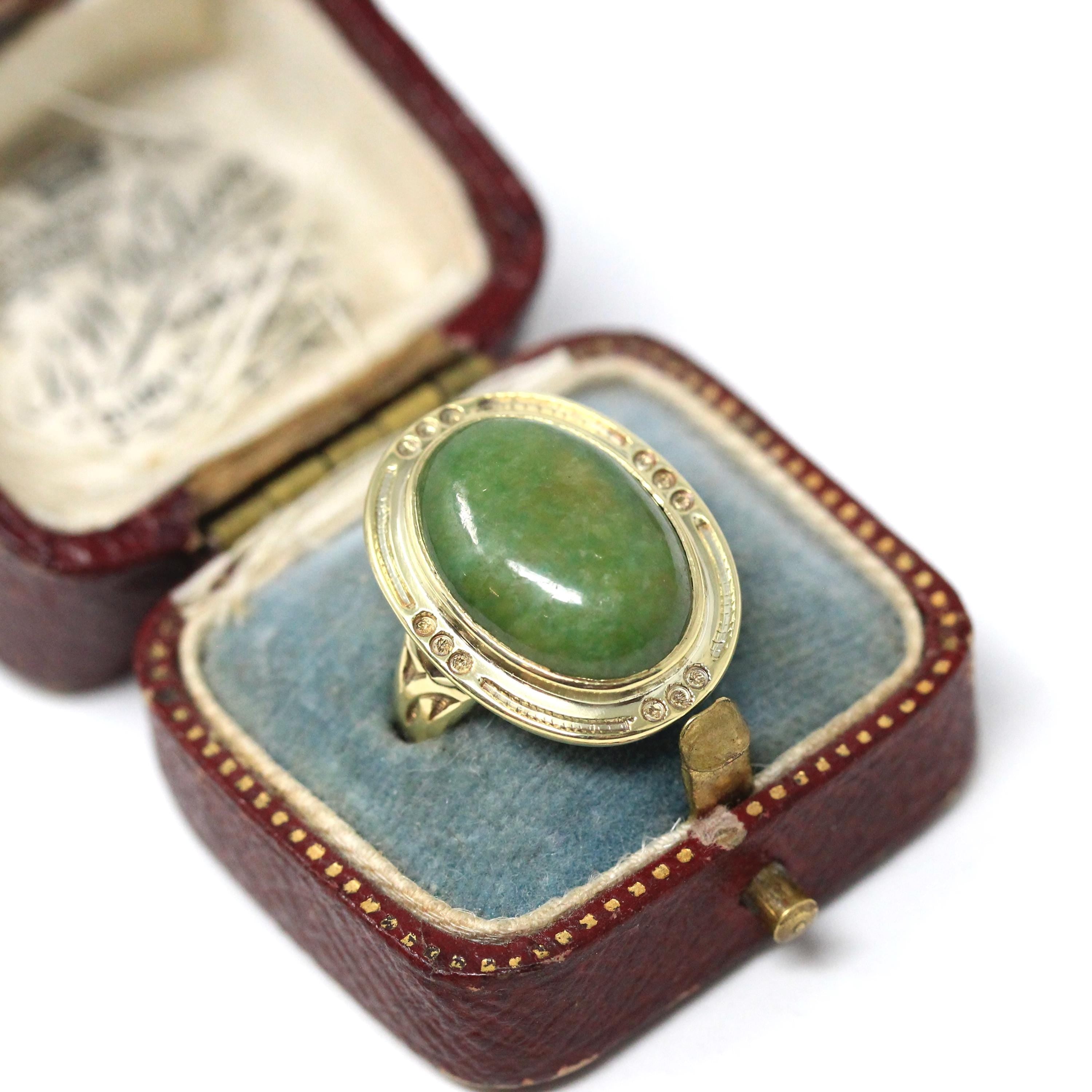 Vintage Jadeite Ring - Mid Century 14k Yellow Gold Natural Green Cabochon Cut Gemstone - Circa 1940s Era Statement Size 6 Fine 40s Jewelry