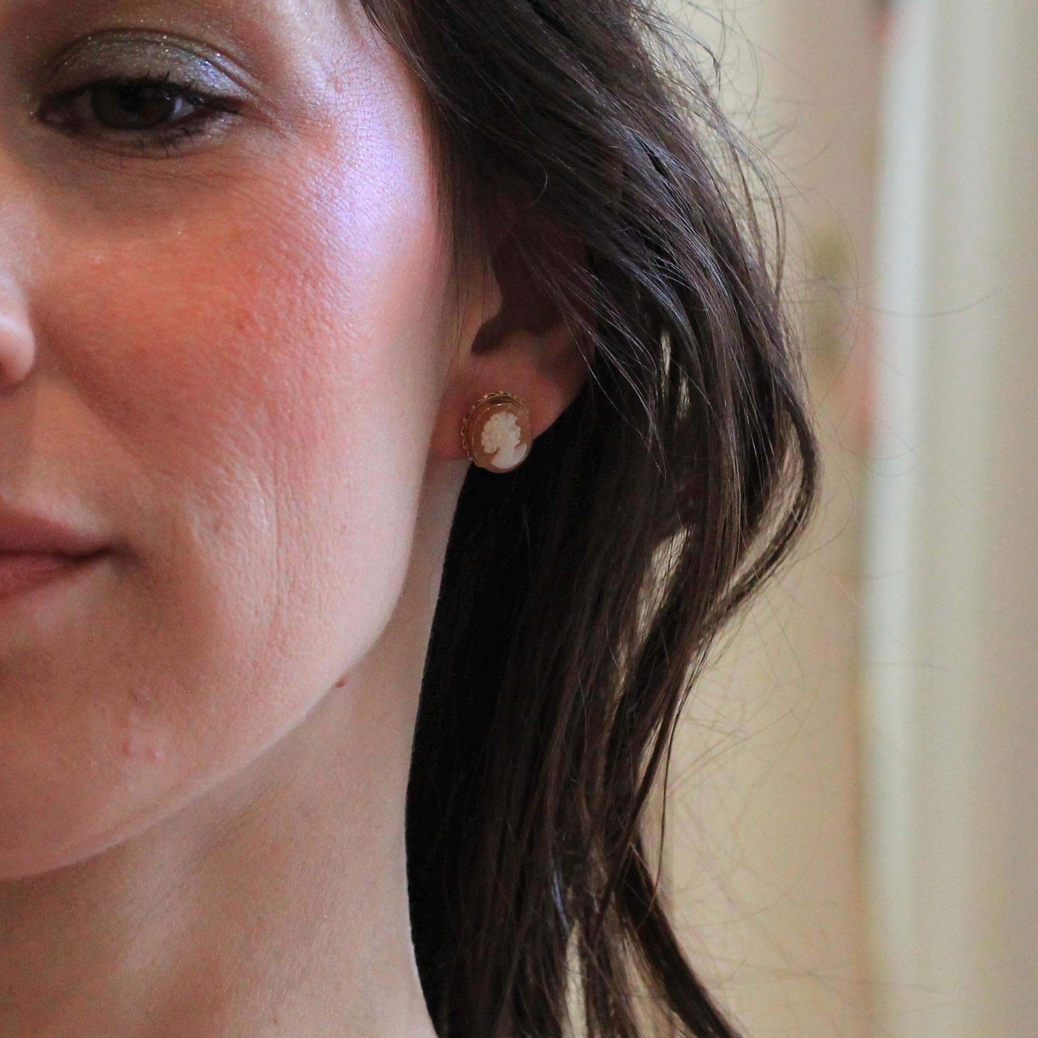 Vintage Cameo Earrings - Mid Century 14k Yellow Gold Oval Carved Shell Portrait Post Backs - Circa 1940s Era Fashion Accessories Jewelry