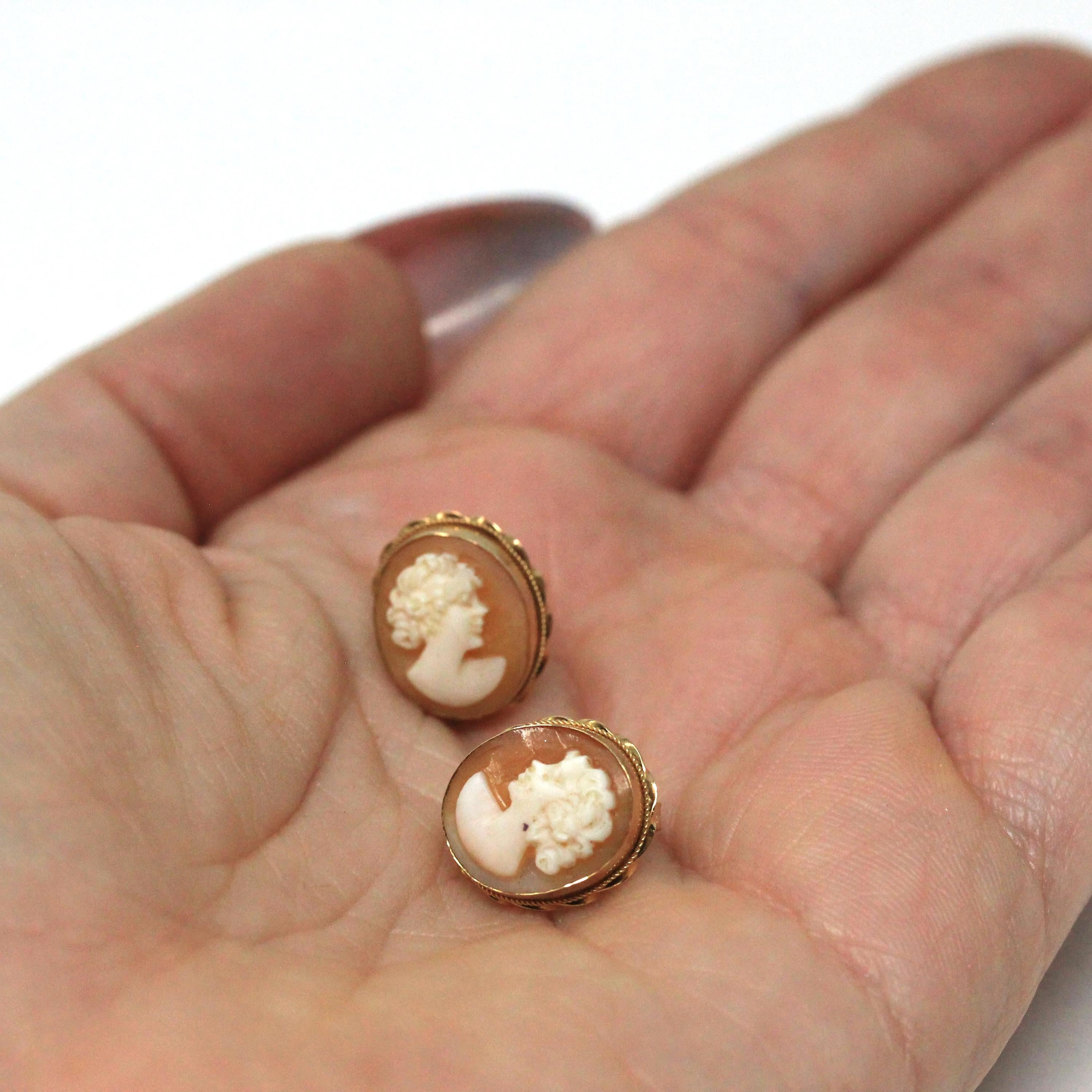 Vintage Cameo Earrings - Mid Century 14k Yellow Gold Oval Carved Shell Portrait Post Backs - Circa 1940s Era Fashion Accessories Jewelry