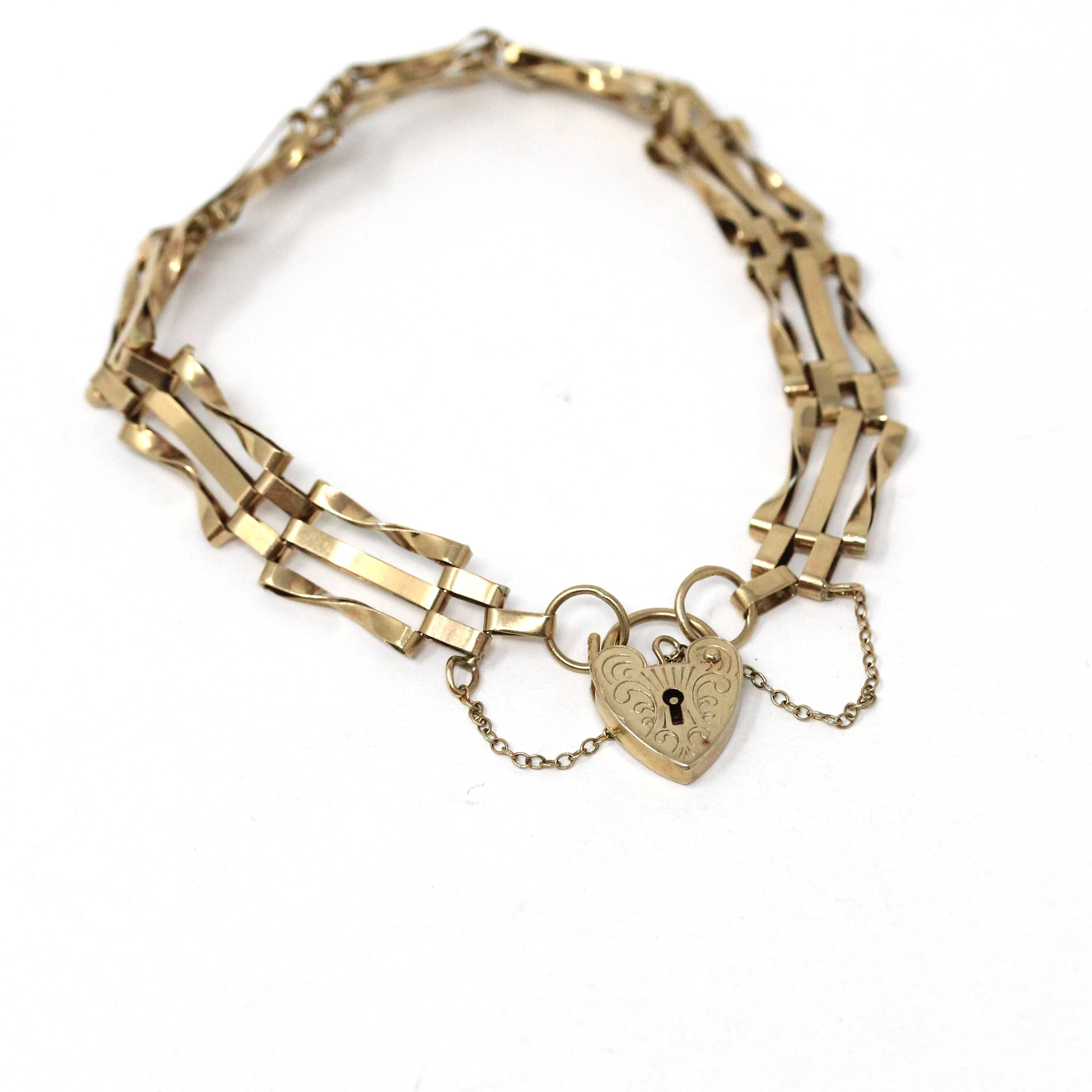 Vintage Padlock Bracelet - Retro 9ct Yellow Gold Heart Shaped Charm Key Hole - Circa 1970s Fancy Link Style Chain Fine Love Loyalty Jewelry