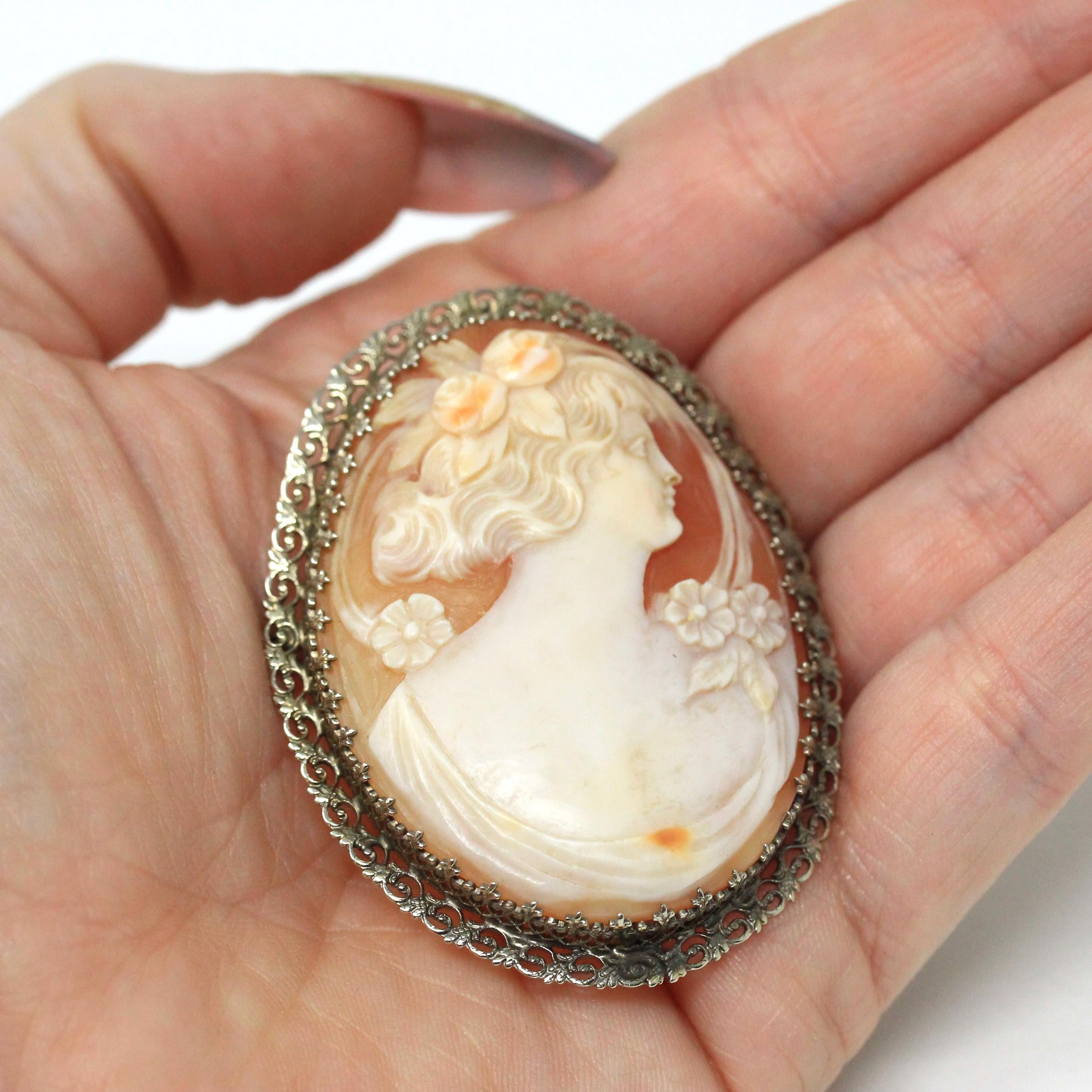 Vintage Cameo Brooch - Art Deco 14K White Gold Filigree Carved Shell Portrait Pin - Circa 1930s Woman's Silhouette Fashion Accessory Jewelry