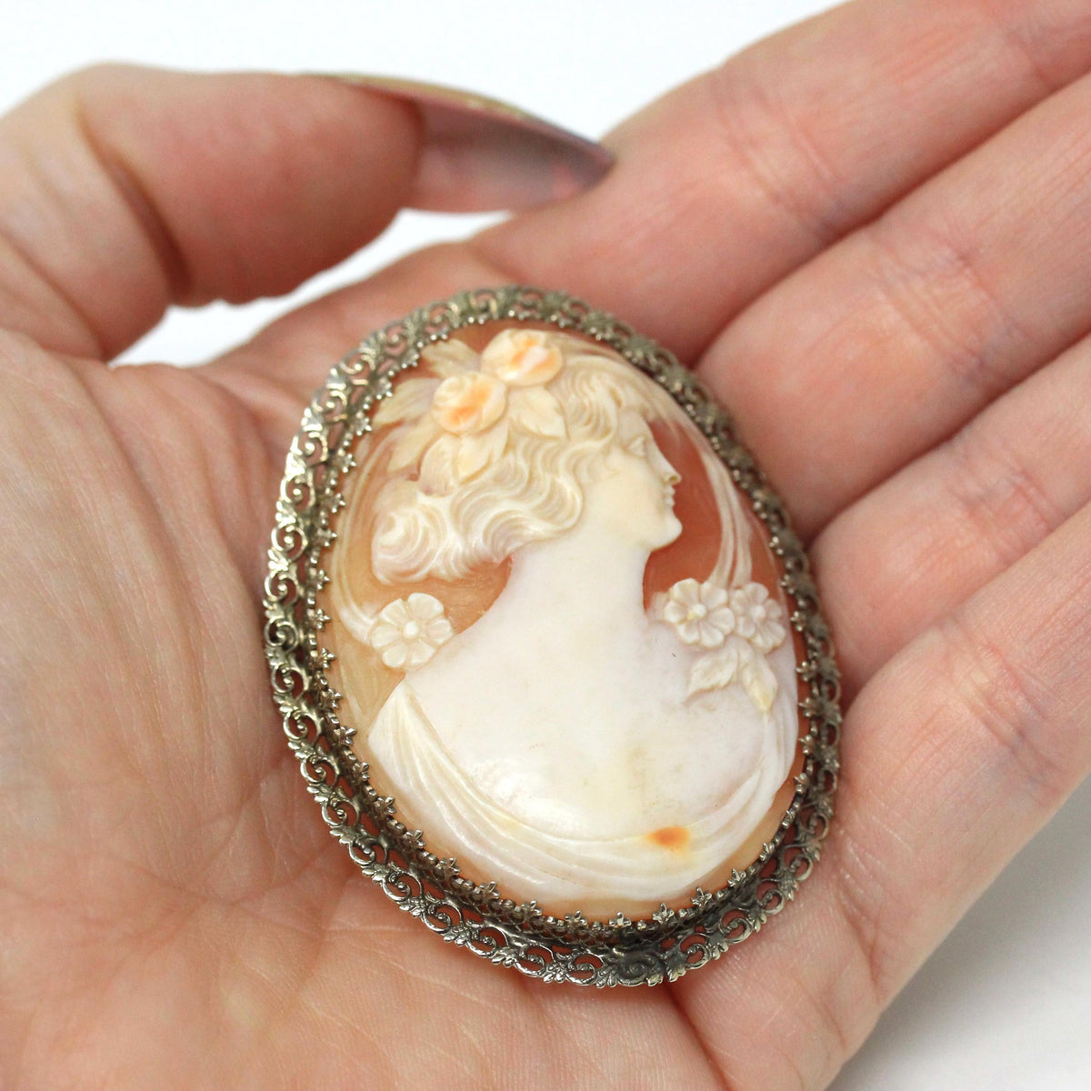 Vintage Cameo Brooch - Art Deco 14K White Gold Filigree Carved Shell Portrait Pin - Circa 1930s Woman's Silhouette Fashion Accessory Jewelry