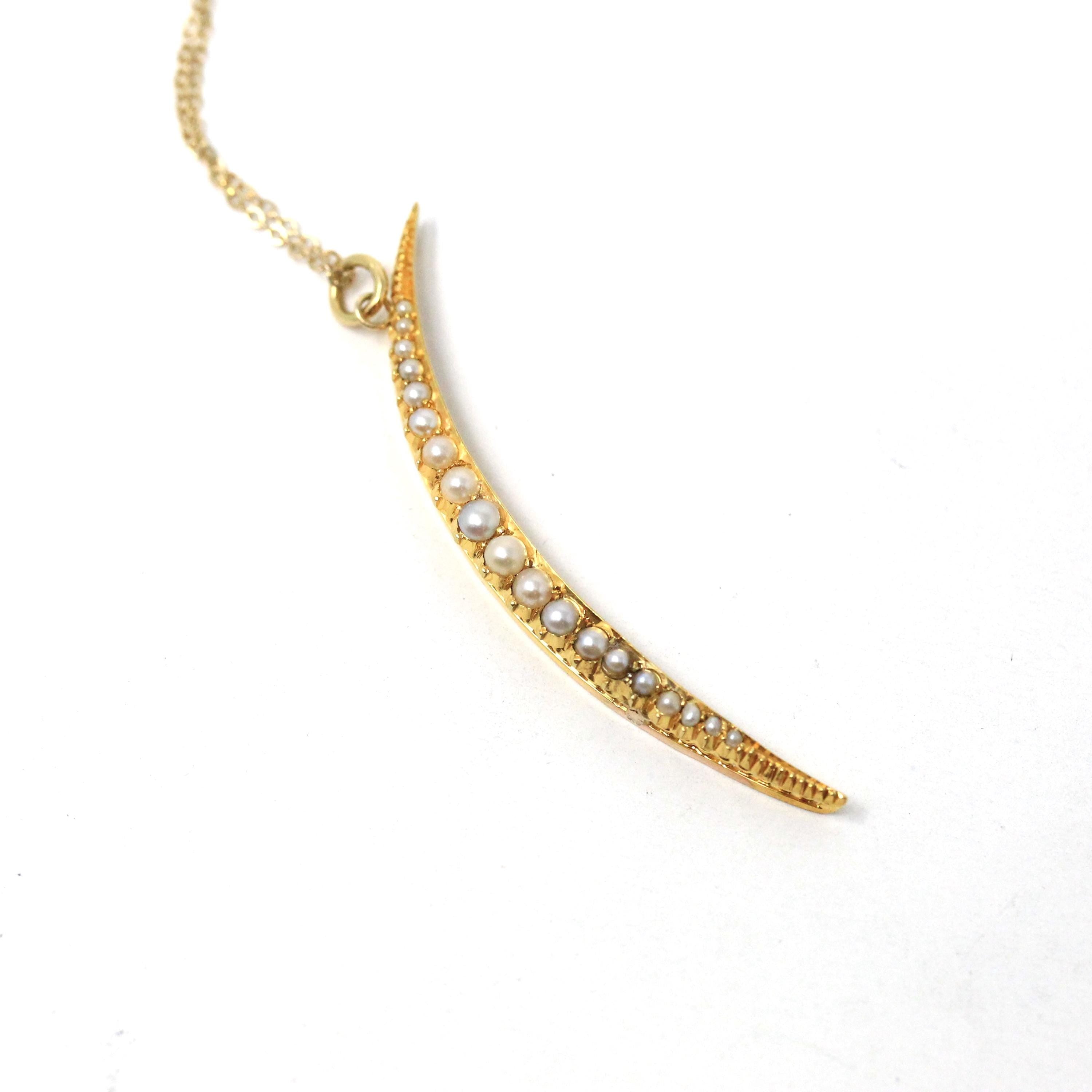 Crescent Moon Necklace - Retro 15k Yellow Gold Cultured Seed Pearls Celestial Pendant - Vintage Circa 1940s Era Statement Fine 40s Jewelry