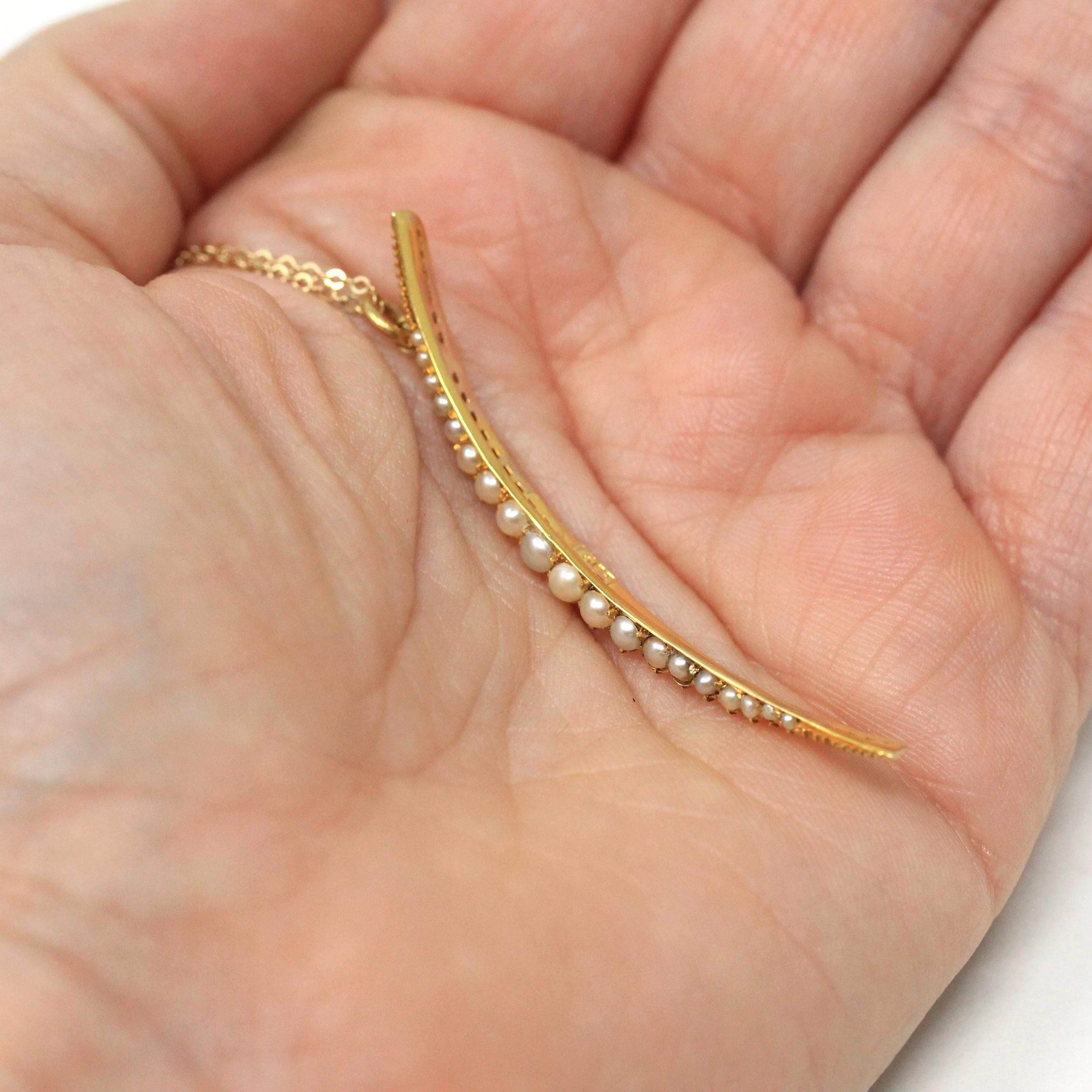 Crescent Moon Necklace - Retro 15k Yellow Gold Cultured Seed Pearls Celestial Pendant - Vintage Circa 1940s Era Statement Fine 40s Jewelry