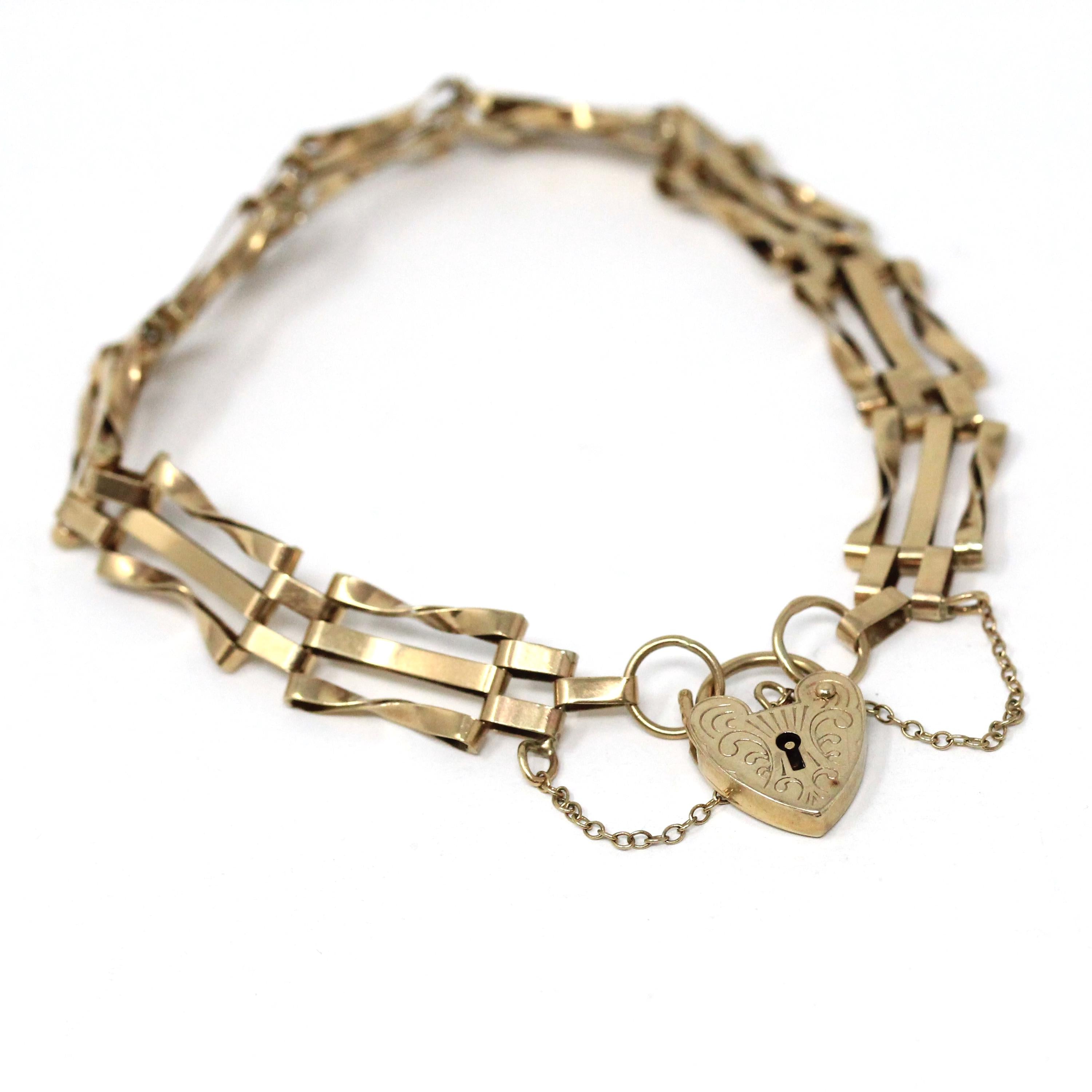 Vintage Padlock Bracelet - Retro 9ct Yellow Gold Heart Shaped Charm Key Hole - Circa 1970s Fancy Link Style Chain Fine Love Loyalty Jewelry