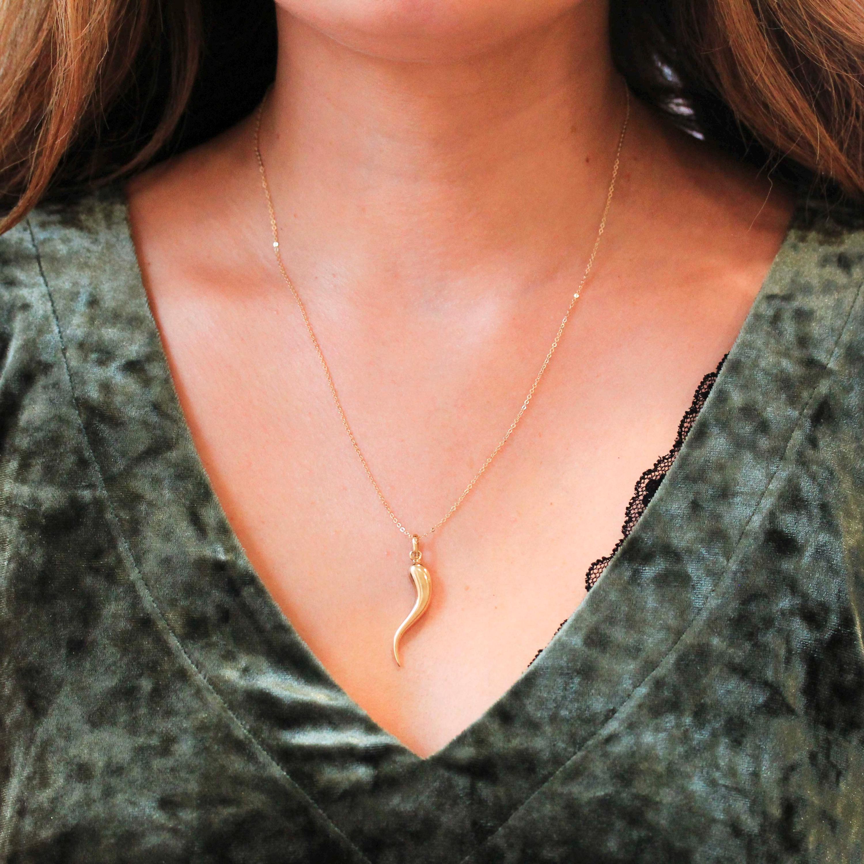 Italian Horn Charm - Retro 14k Yellow Gold Italy Cornicello Good Luck Pendant Necklace - Vintage 1970s Era Ward Off Evil Amulet Fine Jewelry