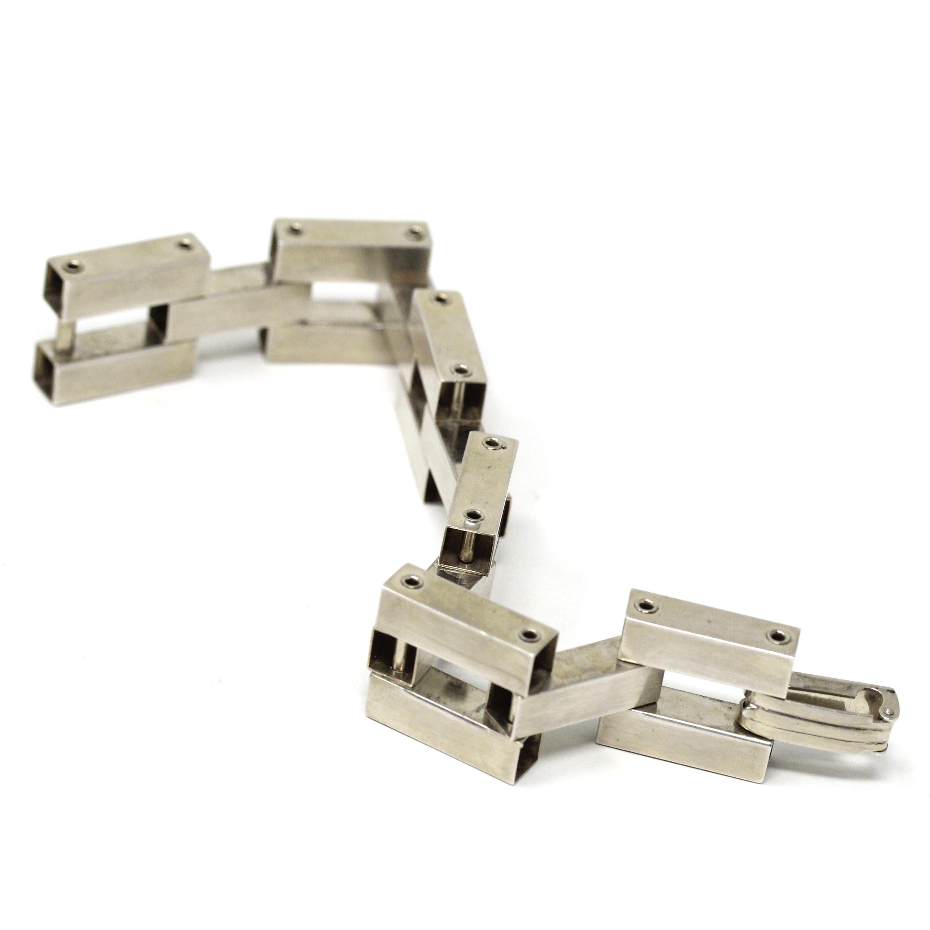 Modernist Silver Bracelet - Retro Era Chunky Gate Link Chain Brick Panel 7 1/2 Inches - Vintage Circa 1960s Statement Fashion Accessory