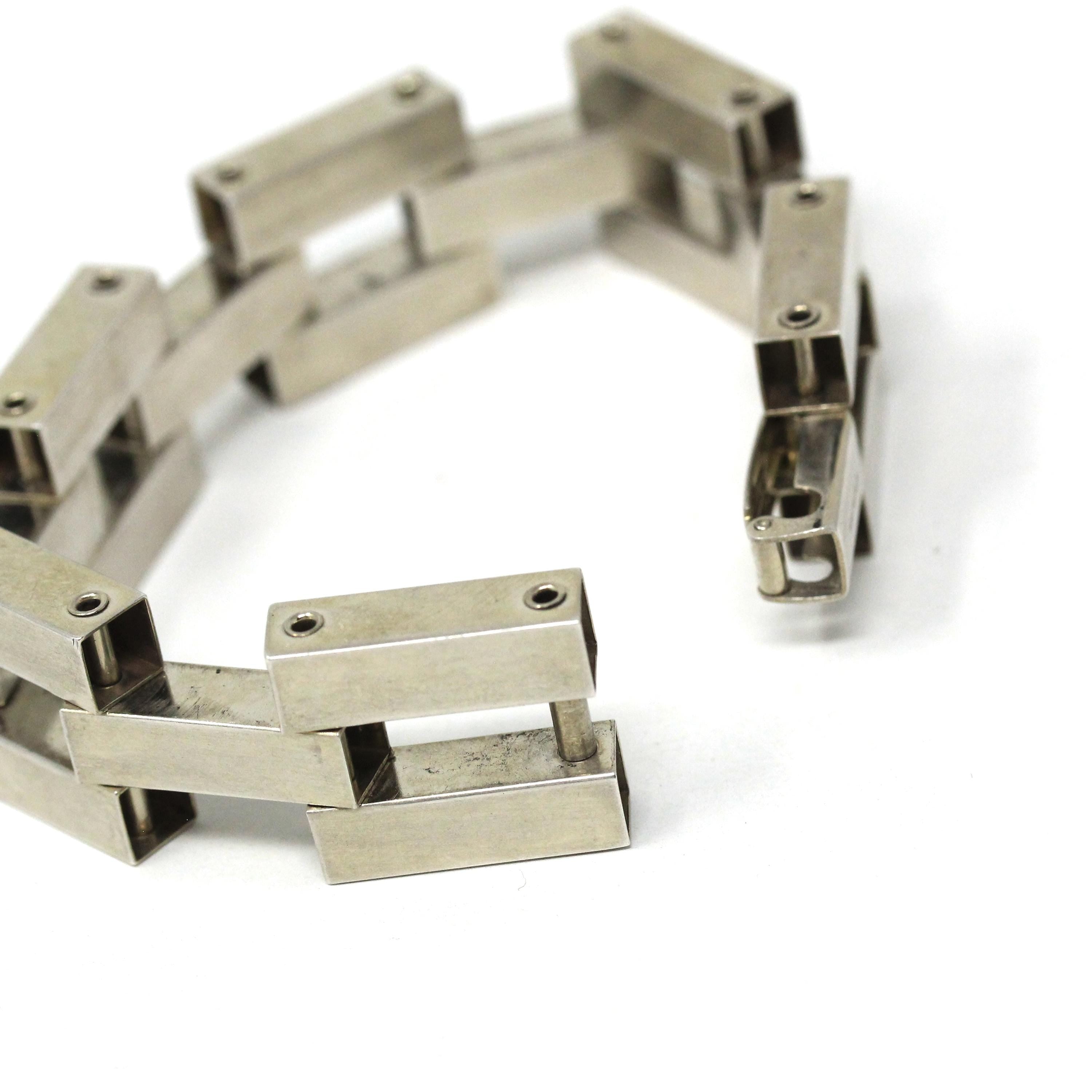 Modernist Silver Bracelet - Retro Era Chunky Gate Link Chain Brick Panel 7 1/2 Inches - Vintage Circa 1960s Statement Fashion Accessory