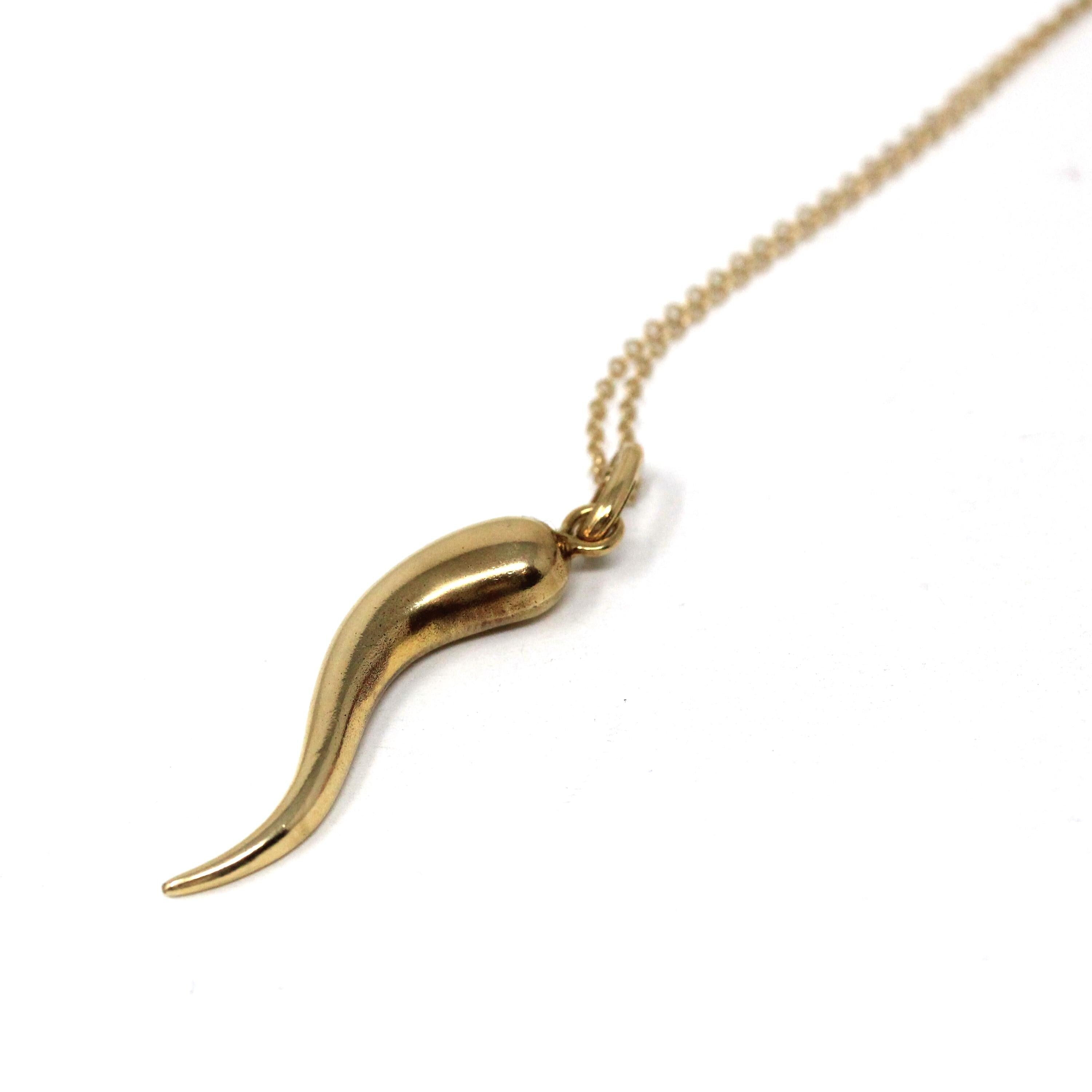 Italian Horn Charm - Retro 14k Yellow Gold Italy Cornicello Good Luck Pendant Necklace - Vintage 1970s Era Ward Off Evil Amulet Fine Jewelry