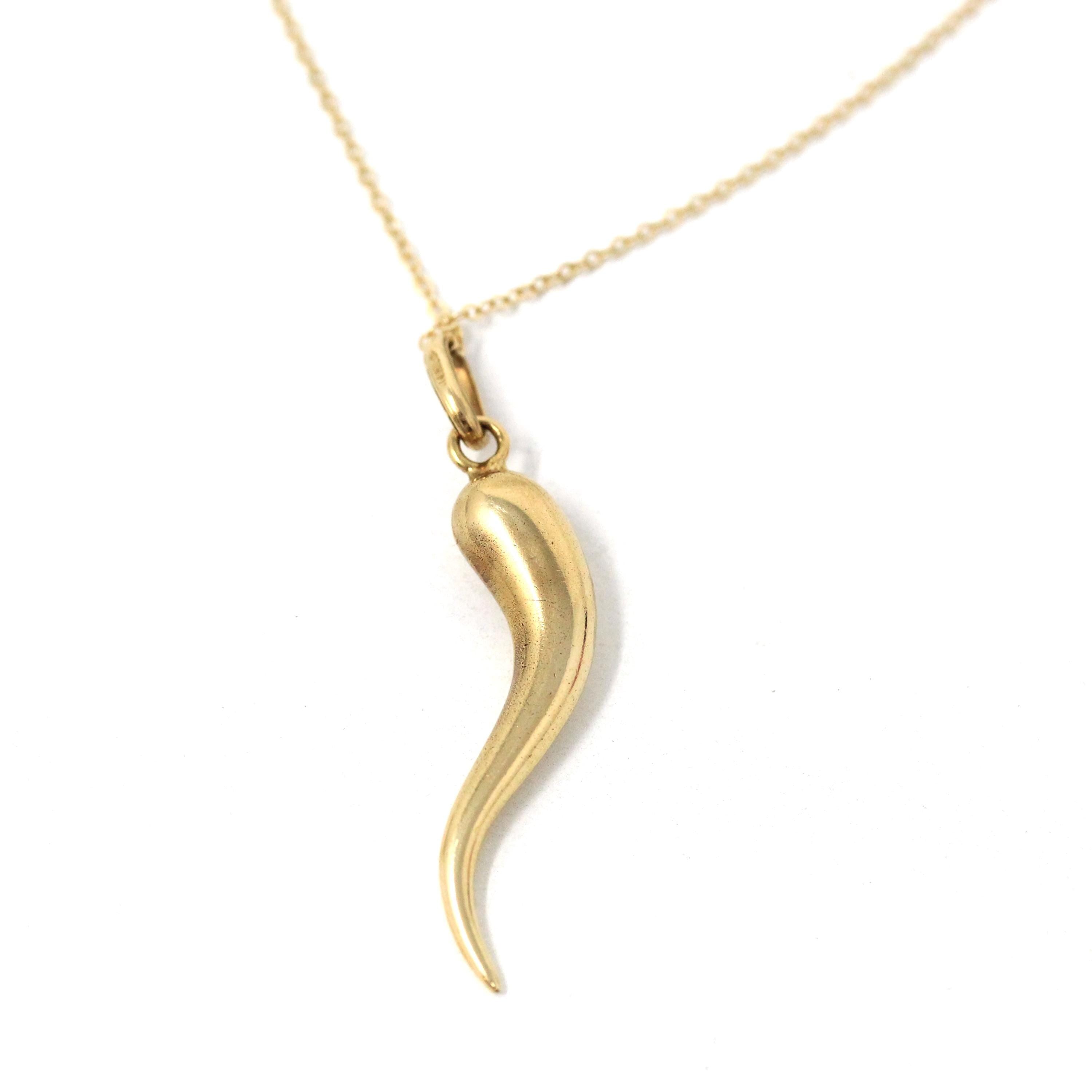 Italian Horn Charm - Retro 14k Yellow Gold Italy Cornicello Good Luck Pendant Necklace - Vintage 1970s Era Ward Off Evil Amulet Fine Jewelry