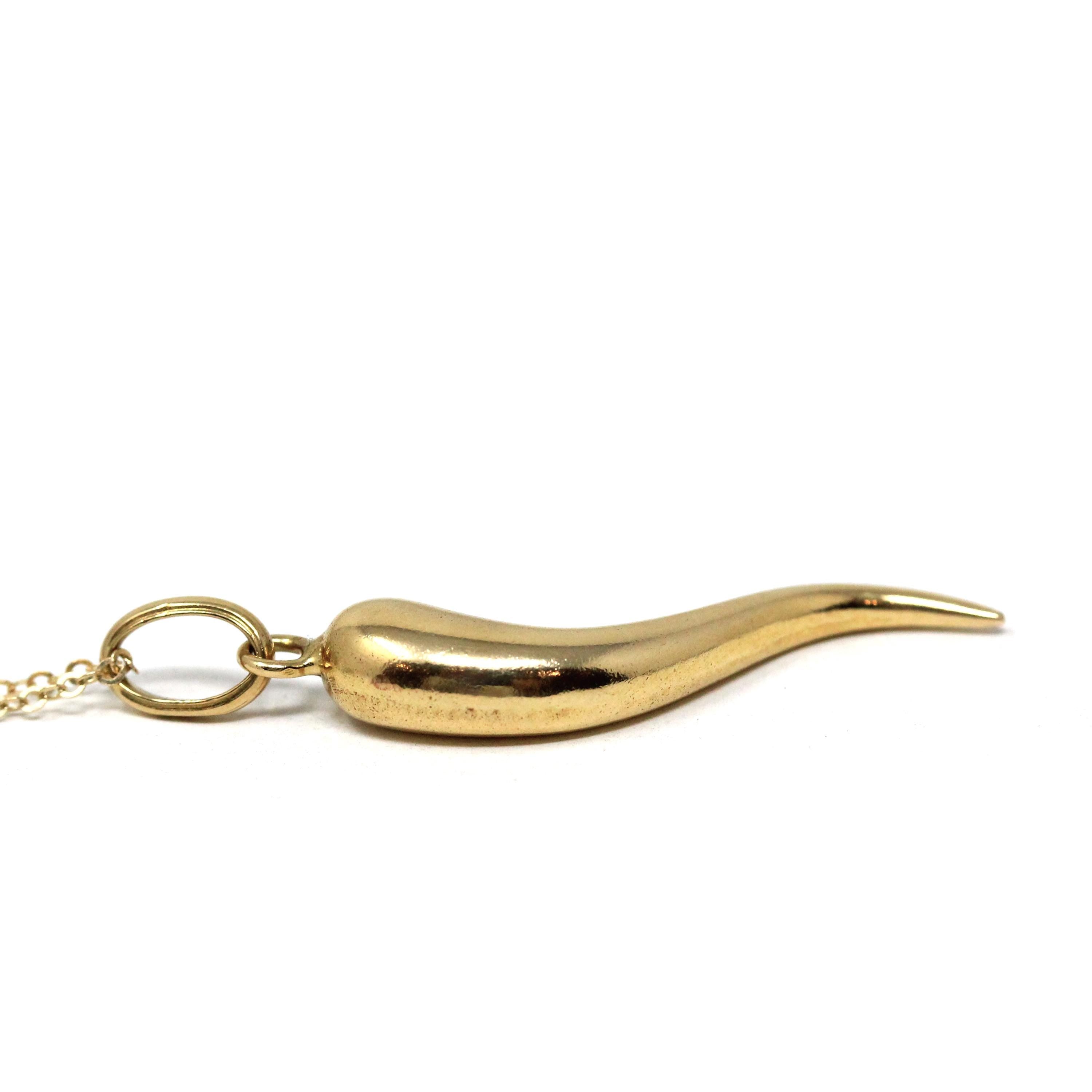 Italian Horn Charm - Retro 14k Yellow Gold Italy Cornicello Good Luck Pendant Necklace - Vintage 1970s Era Ward Off Evil Amulet Fine Jewelry