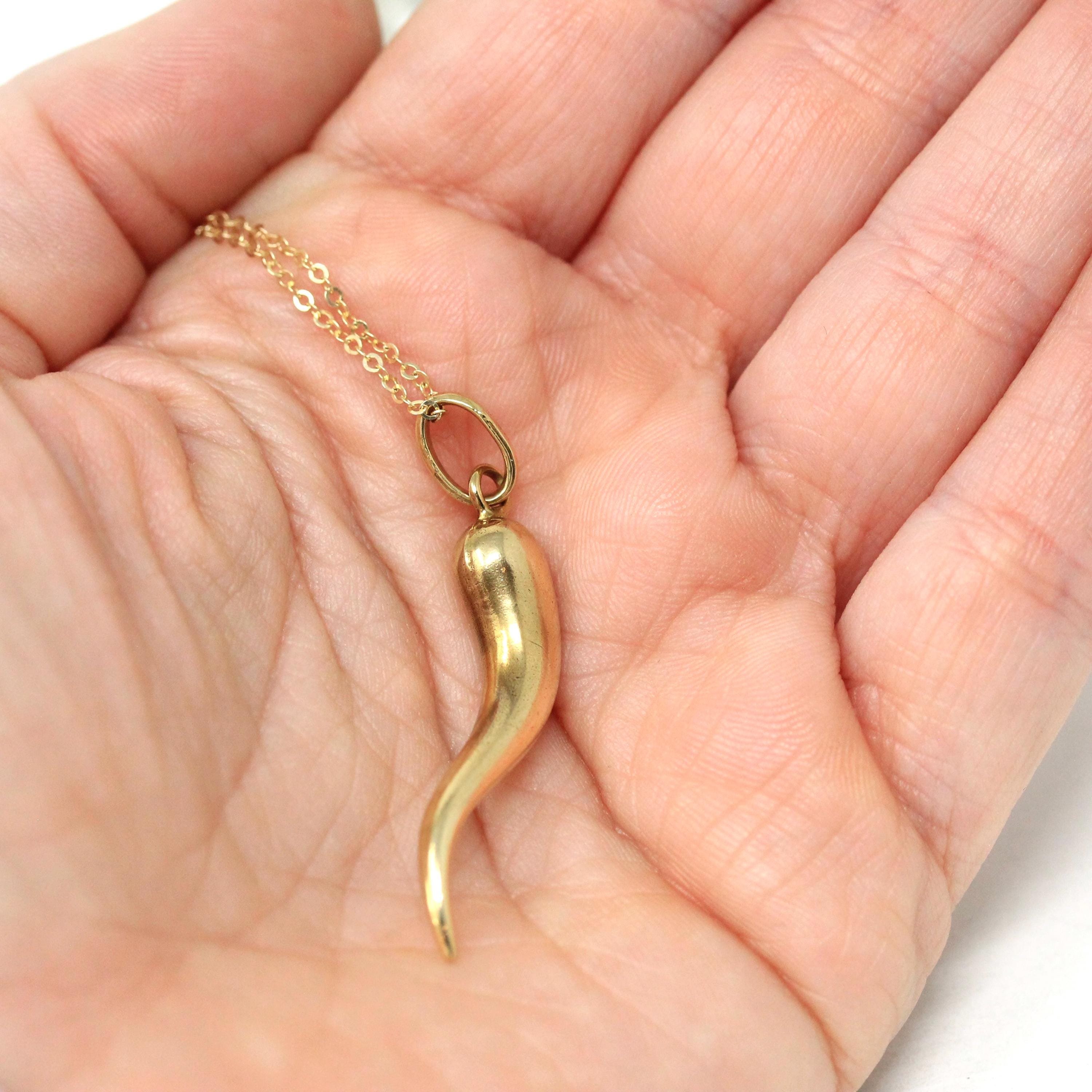 Italian Horn Charm - Retro 14k Yellow Gold Italy Cornicello Good Luck Pendant Necklace - Vintage 1970s Era Ward Off Evil Amulet Fine Jewelry