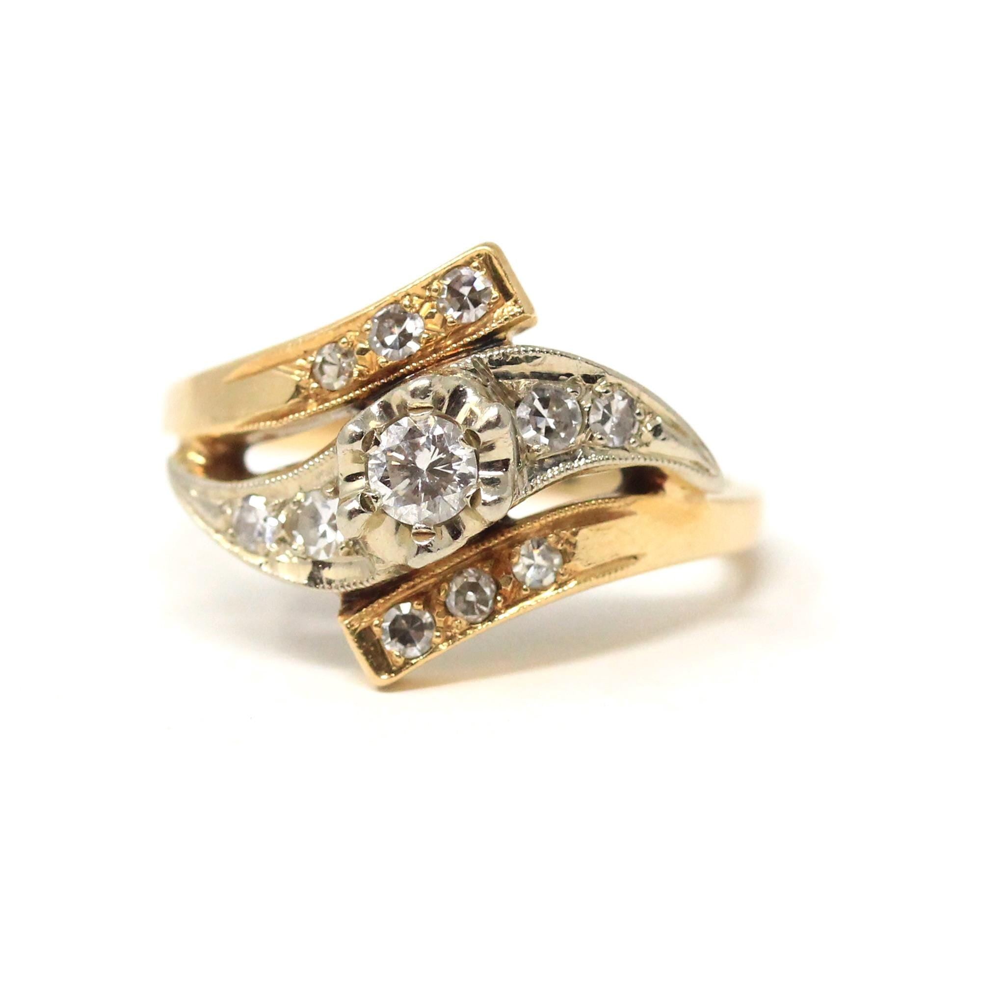 Mid Century Diamond Ring - Vintage 14K Yellow White Gold Natural Gemstones - Circa 1950s Era Size 6 1/4 Two Tone Fine Engagement 50s Jewelry