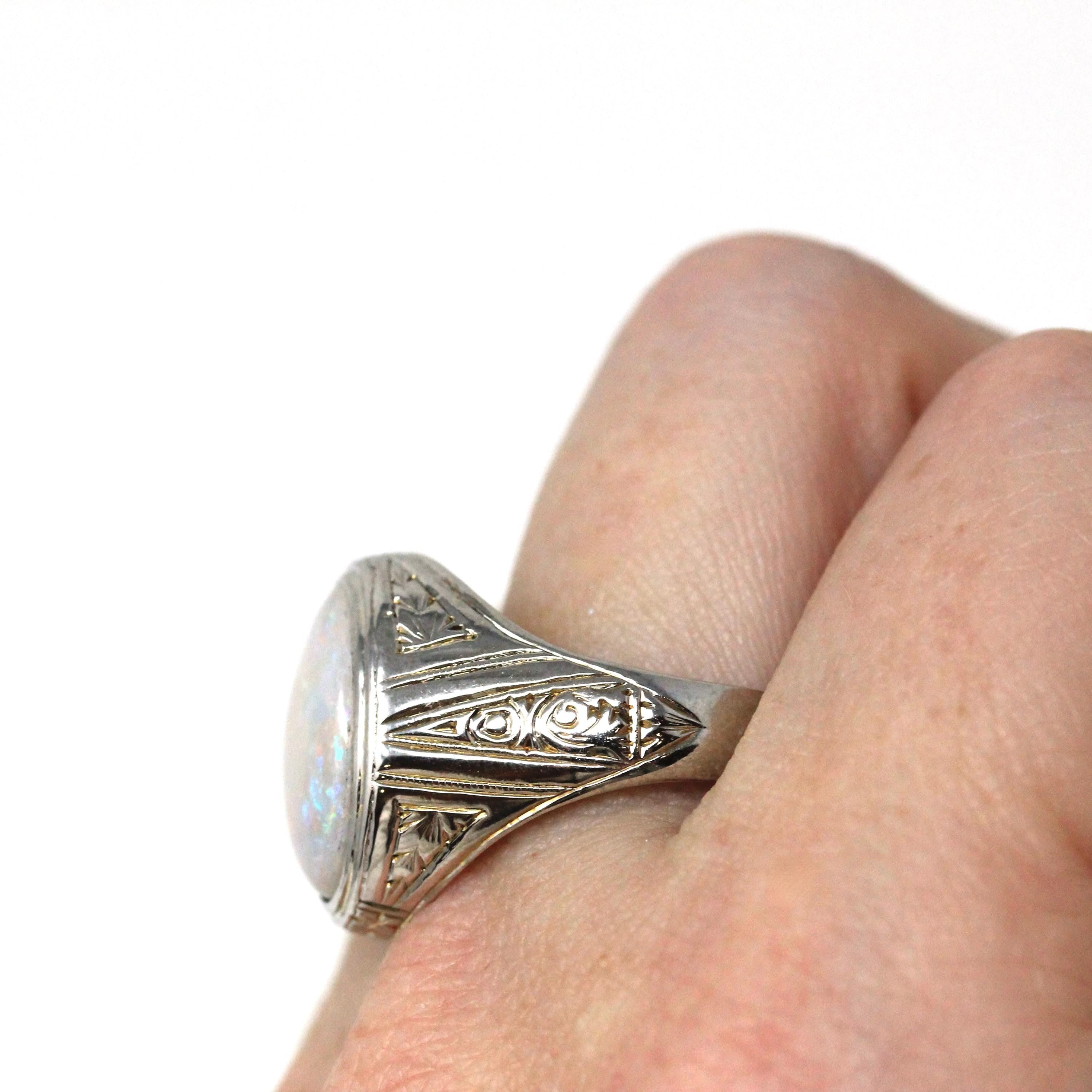Vintage Opal Ring - Art Deco 14k White Gold Men's Unisex Oval Statement Ring - Circa 1920s Streeter Brothers October Birthstone Fine Jewelry