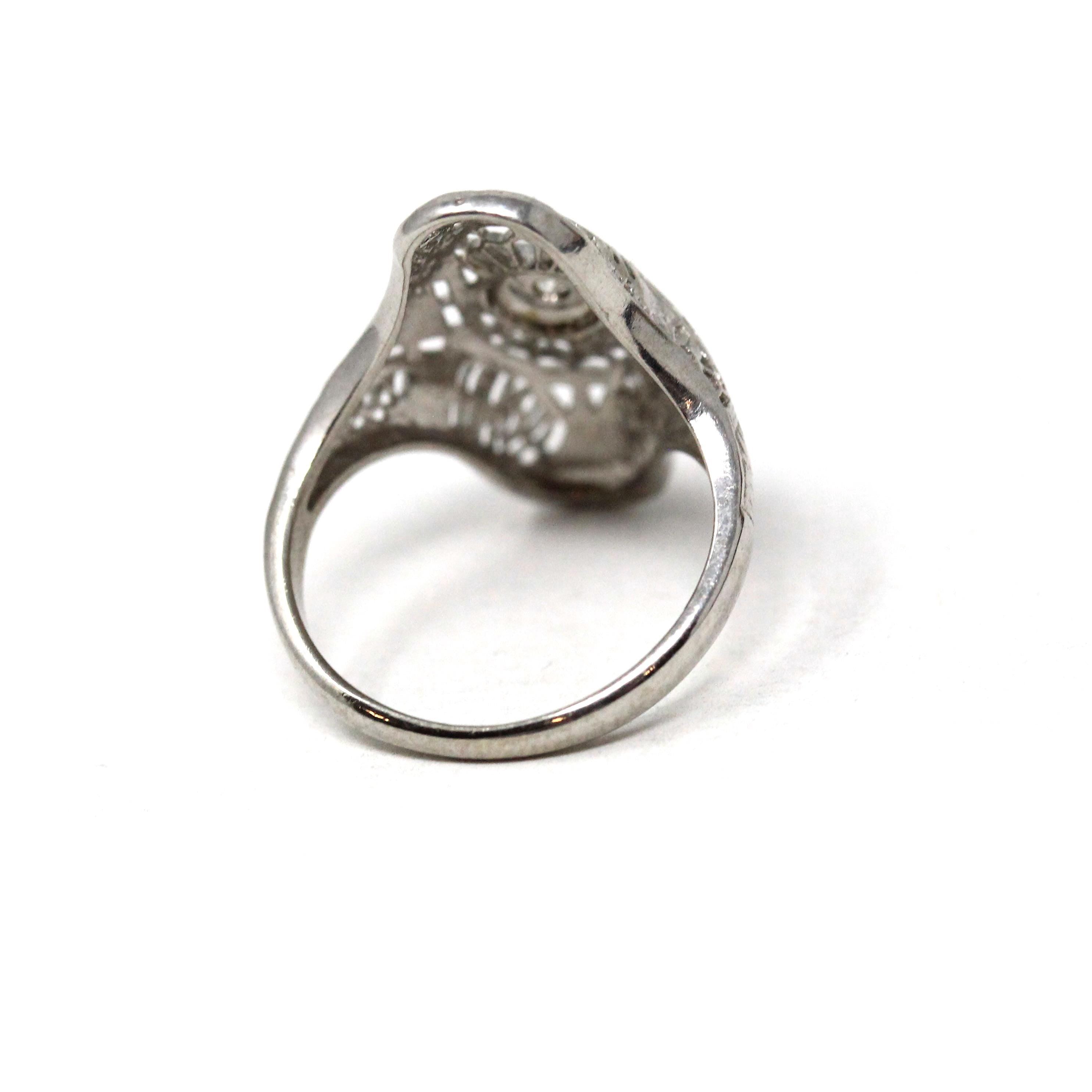 Vintage Shield Ring - Art Deco Style 10k White Gold Natural Diamond - Mid Century 1950s Era Size 3.75 Pinky Fine Filigree Open Metal Jewelry
