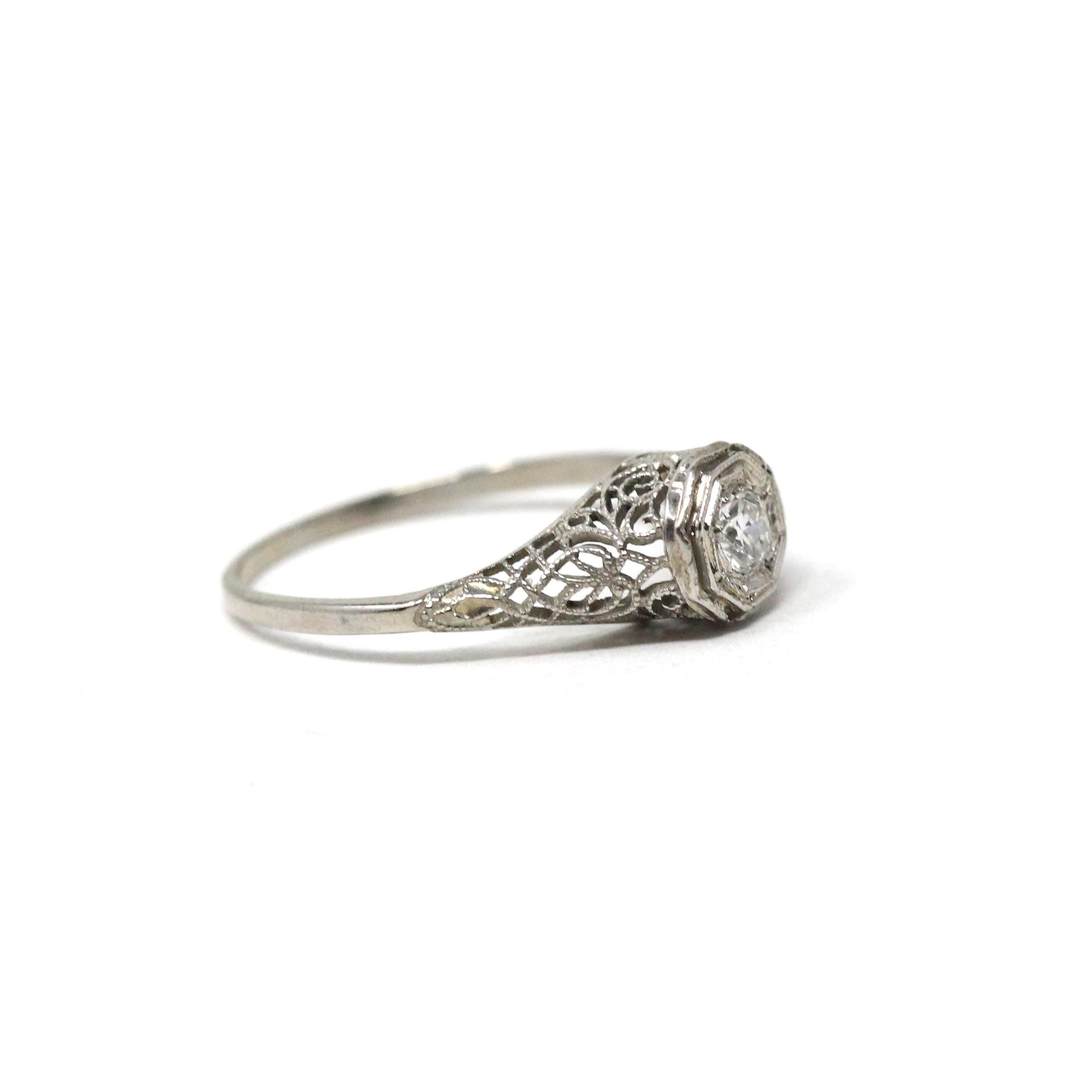 Vintage Diamond Ring - Art Deco 18k White Gold Natural Solitaire Engagement - Circa 1930s Era Size 6 Swirling Heart Filigree Fine Jewelry
