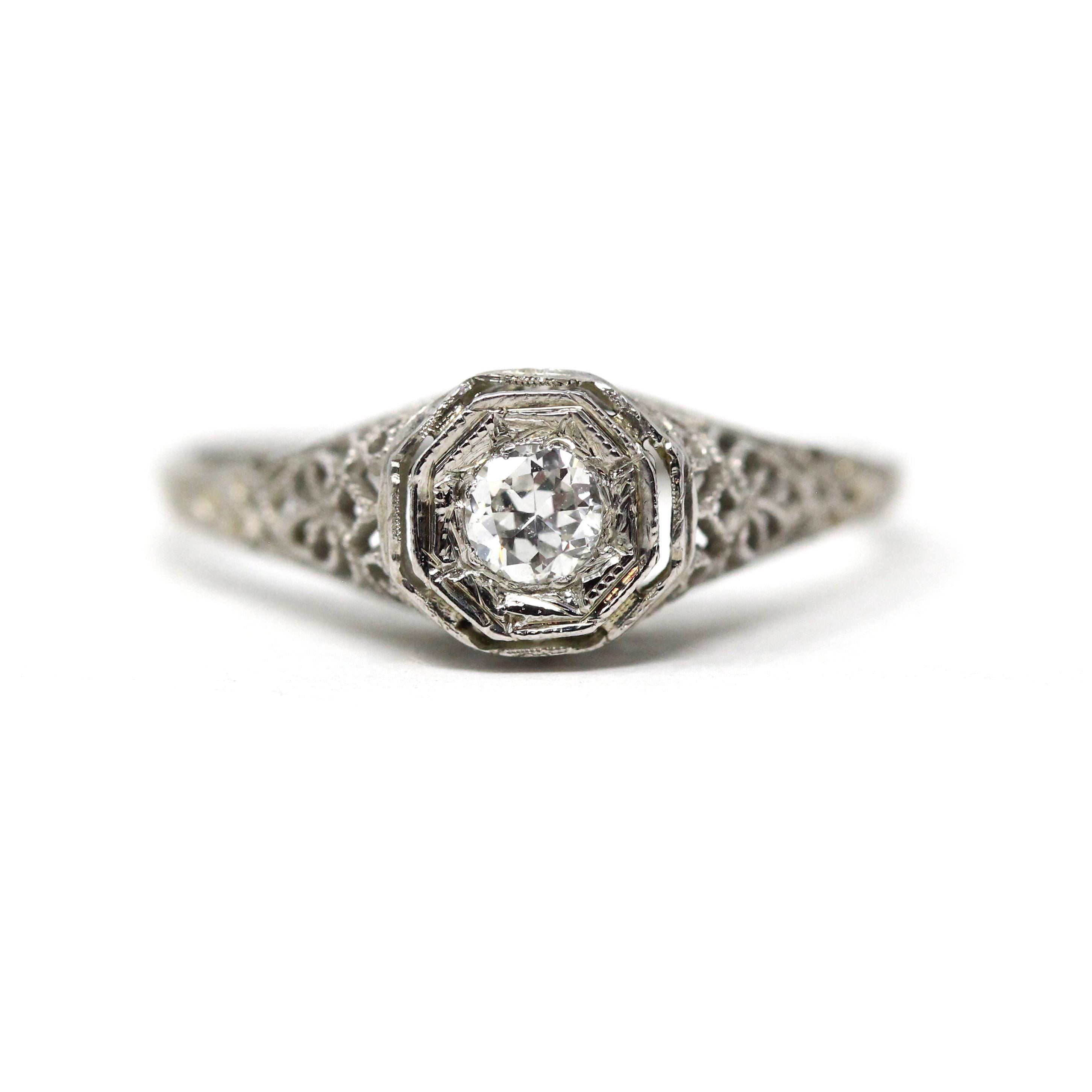 Vintage Diamond Ring - Art Deco 18k White Gold Natural Solitaire Engagement - Circa 1930s Era Size 6 Swirling Heart Filigree Fine Jewelry