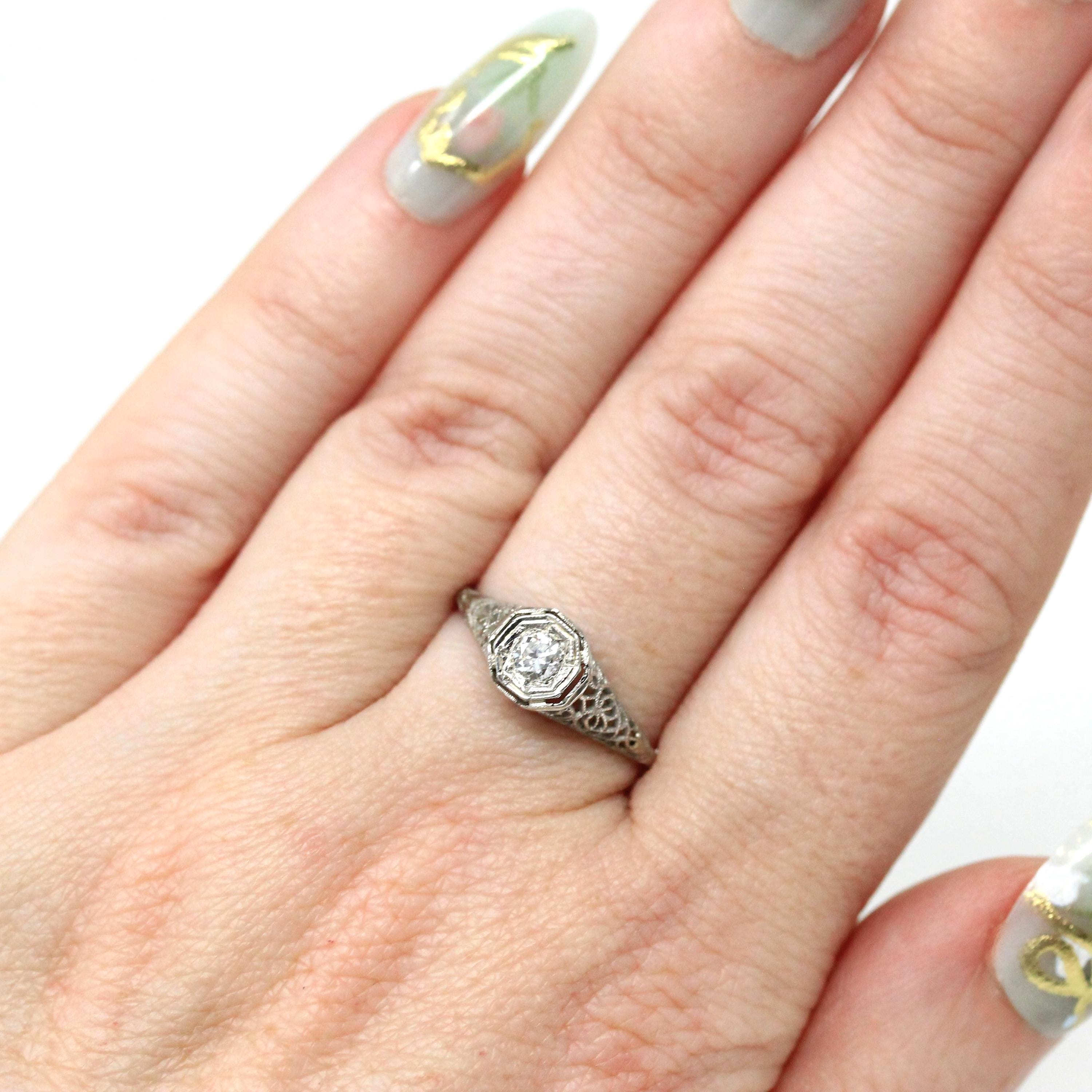 Vintage Diamond Ring - Art Deco 18k White Gold Natural Solitaire Engagement - Circa 1930s Era Size 6 Swirling Heart Filigree Fine Jewelry