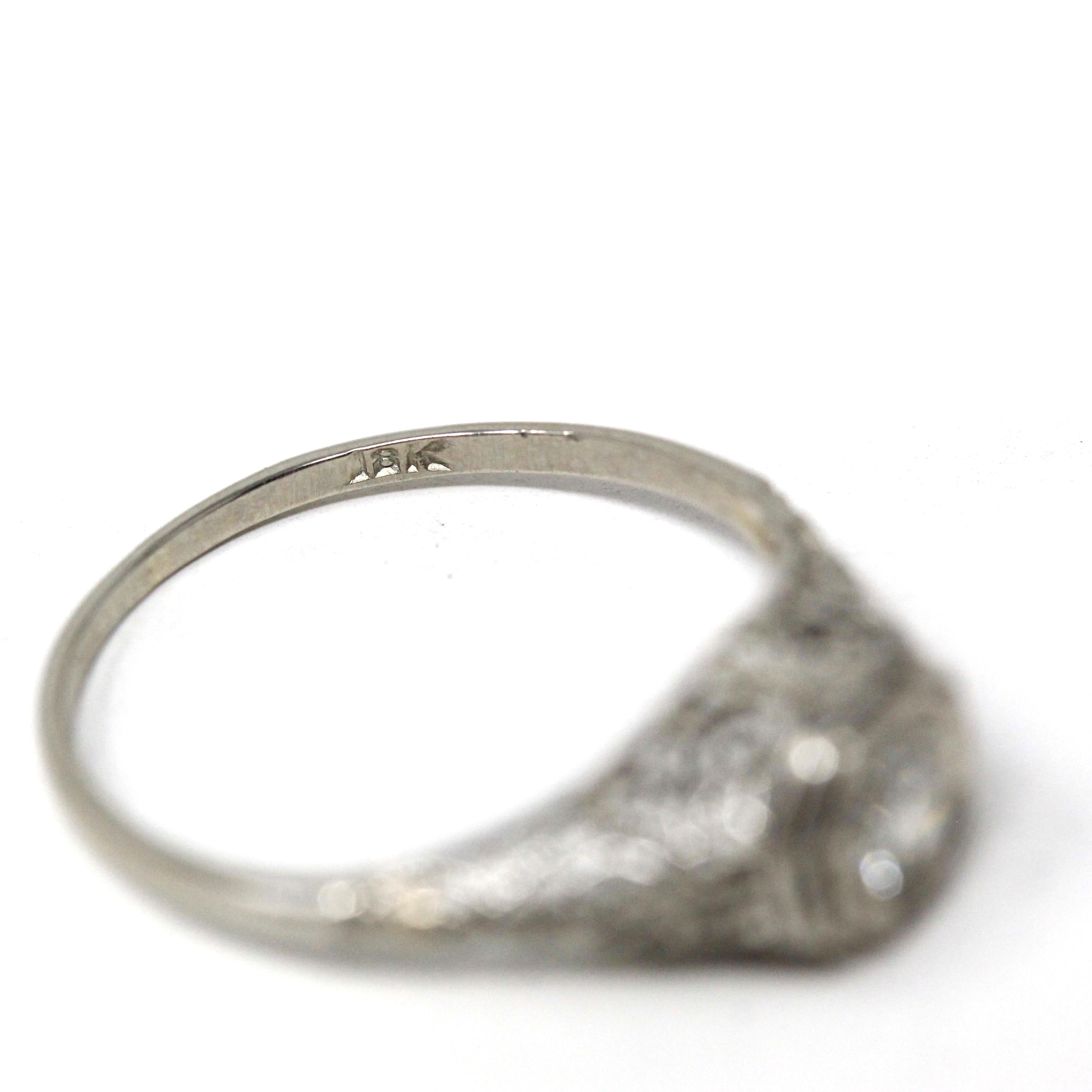 Vintage Diamond Ring - Art Deco 18k White Gold Natural Solitaire Engagement - Circa 1930s Era Size 6 Swirling Heart Filigree Fine Jewelry