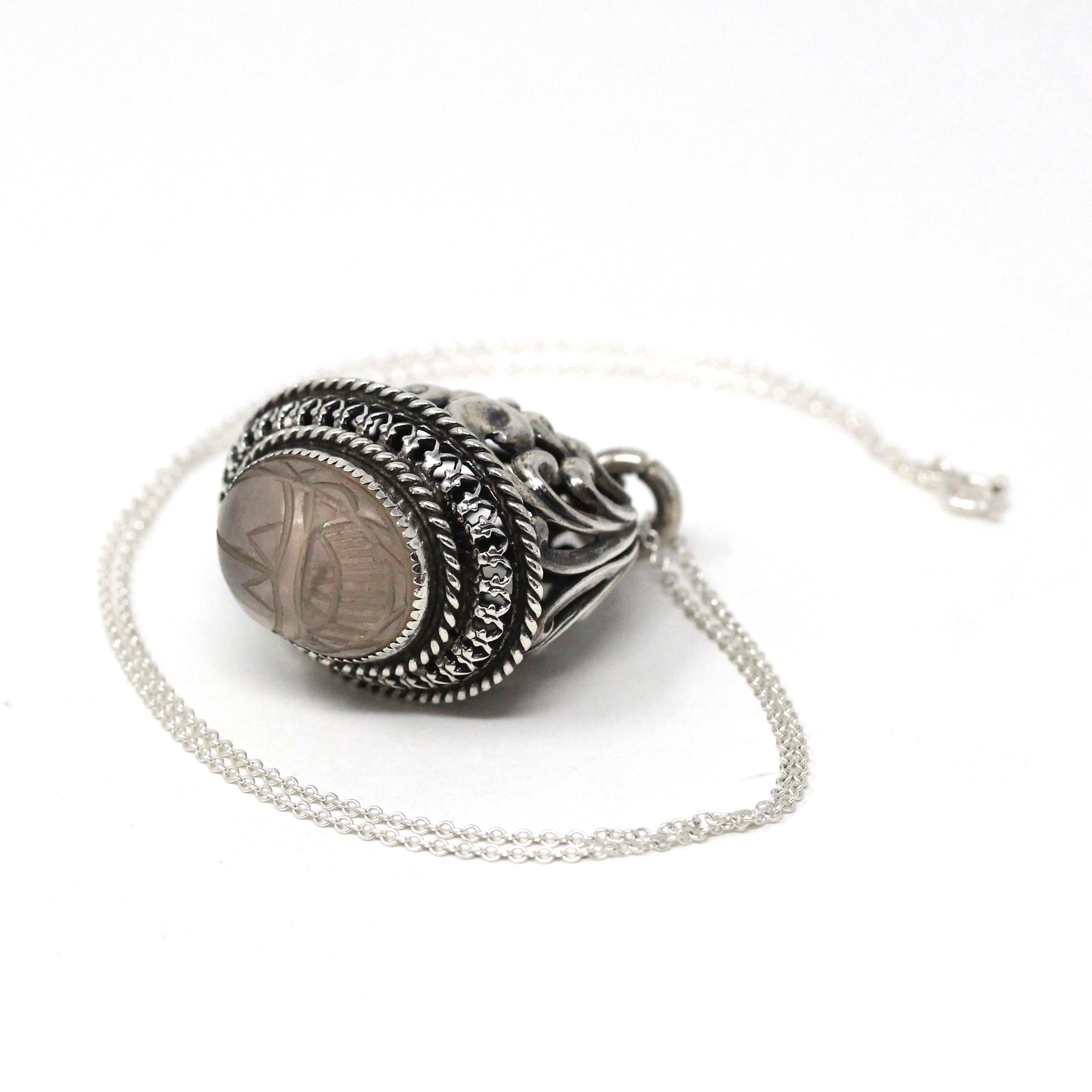 Natural Rose Quartz Fob - Retro Sterling Silver Carved Beetle Scarab Charm Pendant - Circa 1960s Era Pocket Watch Fashion Accessory Jewelry