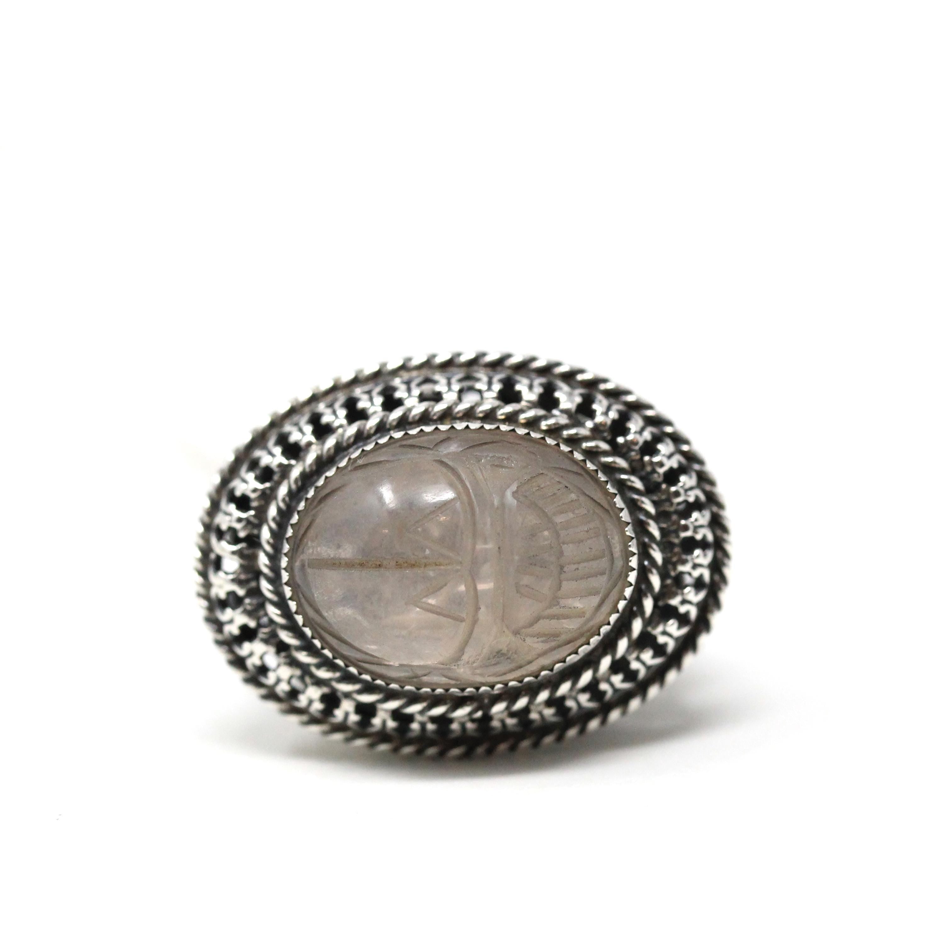 Natural Rose Quartz Fob - Retro Sterling Silver Carved Beetle Scarab Charm Pendant - Circa 1960s Era Pocket Watch Fashion Accessory Jewelry