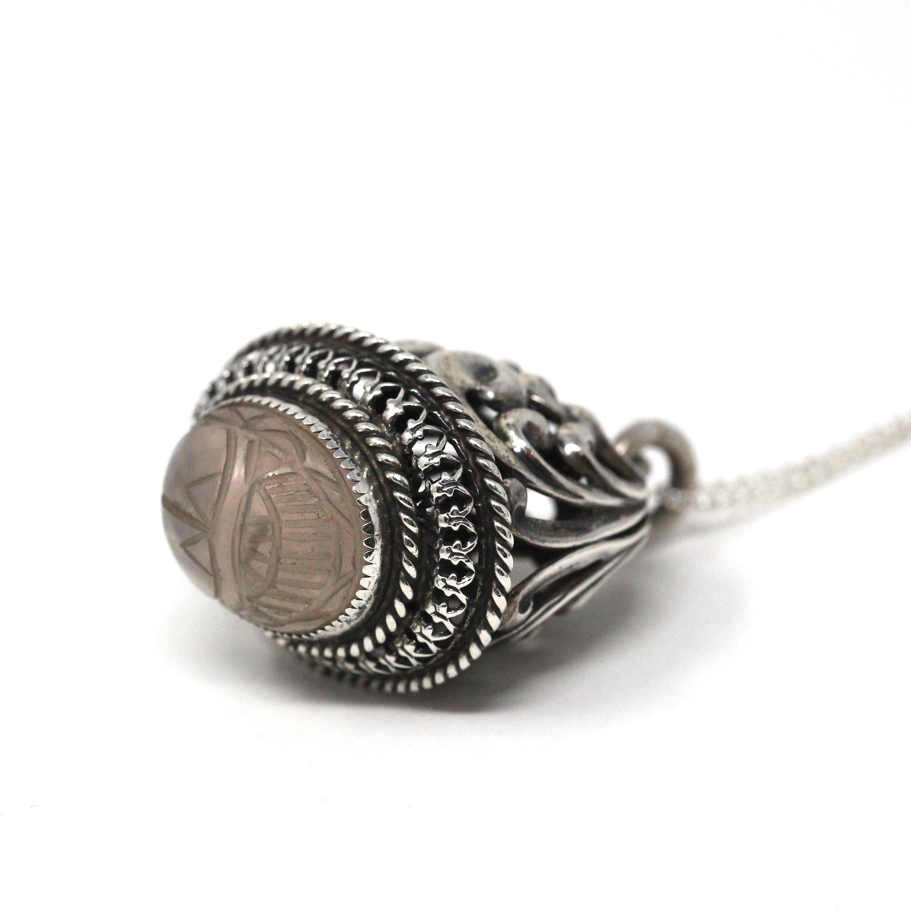 Natural Rose Quartz Fob - Retro Sterling Silver Carved Beetle Scarab Charm Pendant - Circa 1960s Era Pocket Watch Fashion Accessory Jewelry