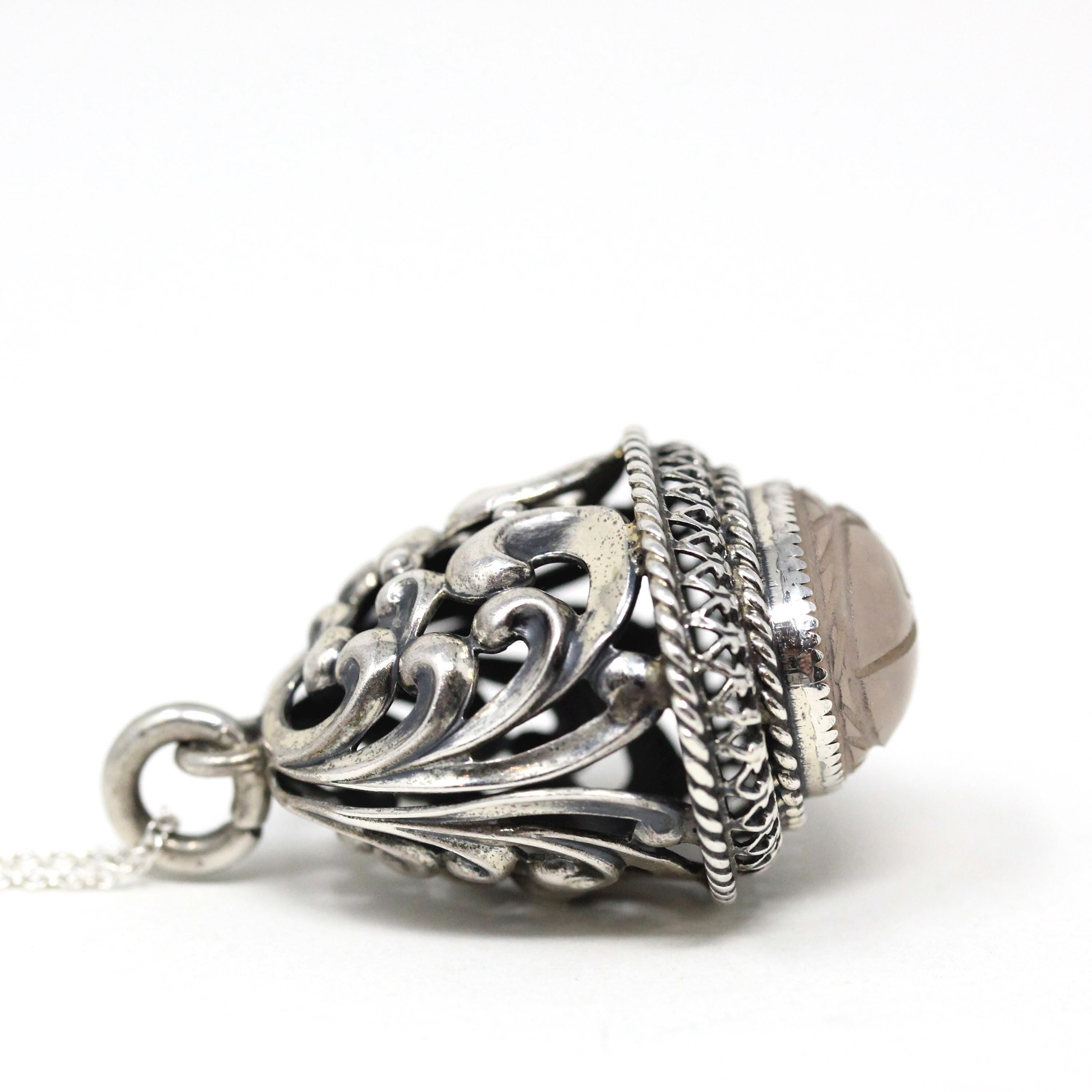 Natural Rose Quartz Fob - Retro Sterling Silver Carved Beetle Scarab Charm Pendant - Circa 1960s Era Pocket Watch Fashion Accessory Jewelry