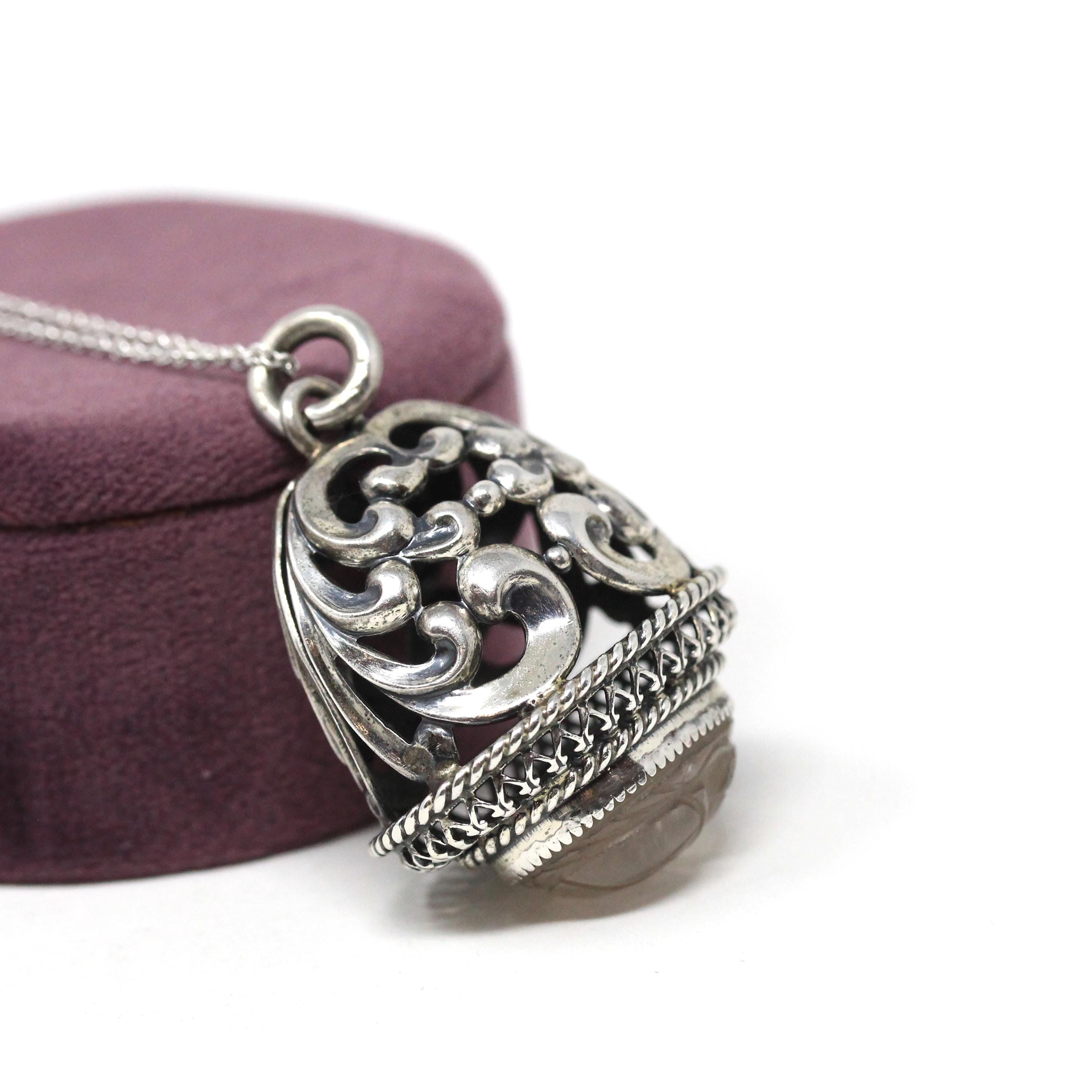 Natural Rose Quartz Fob - Retro Sterling Silver Carved Beetle Scarab Charm Pendant - Circa 1960s Era Pocket Watch Fashion Accessory Jewelry