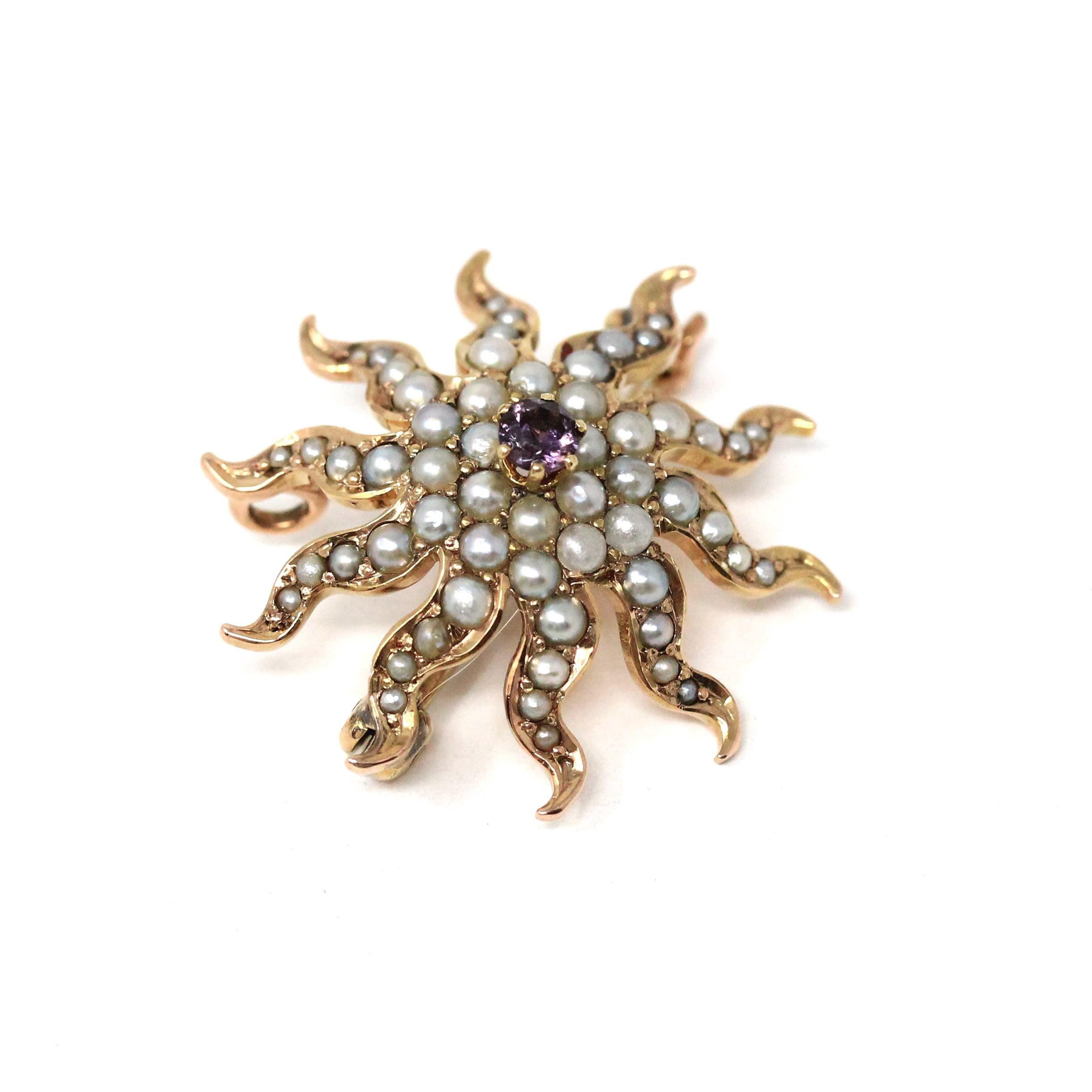 Antique Starburst Brooch - Victorian 10k Yellow Gold Seed Pearl Pin Pendant - Circa 1890s Era Statement Celestial Charm Accessory Jewelry