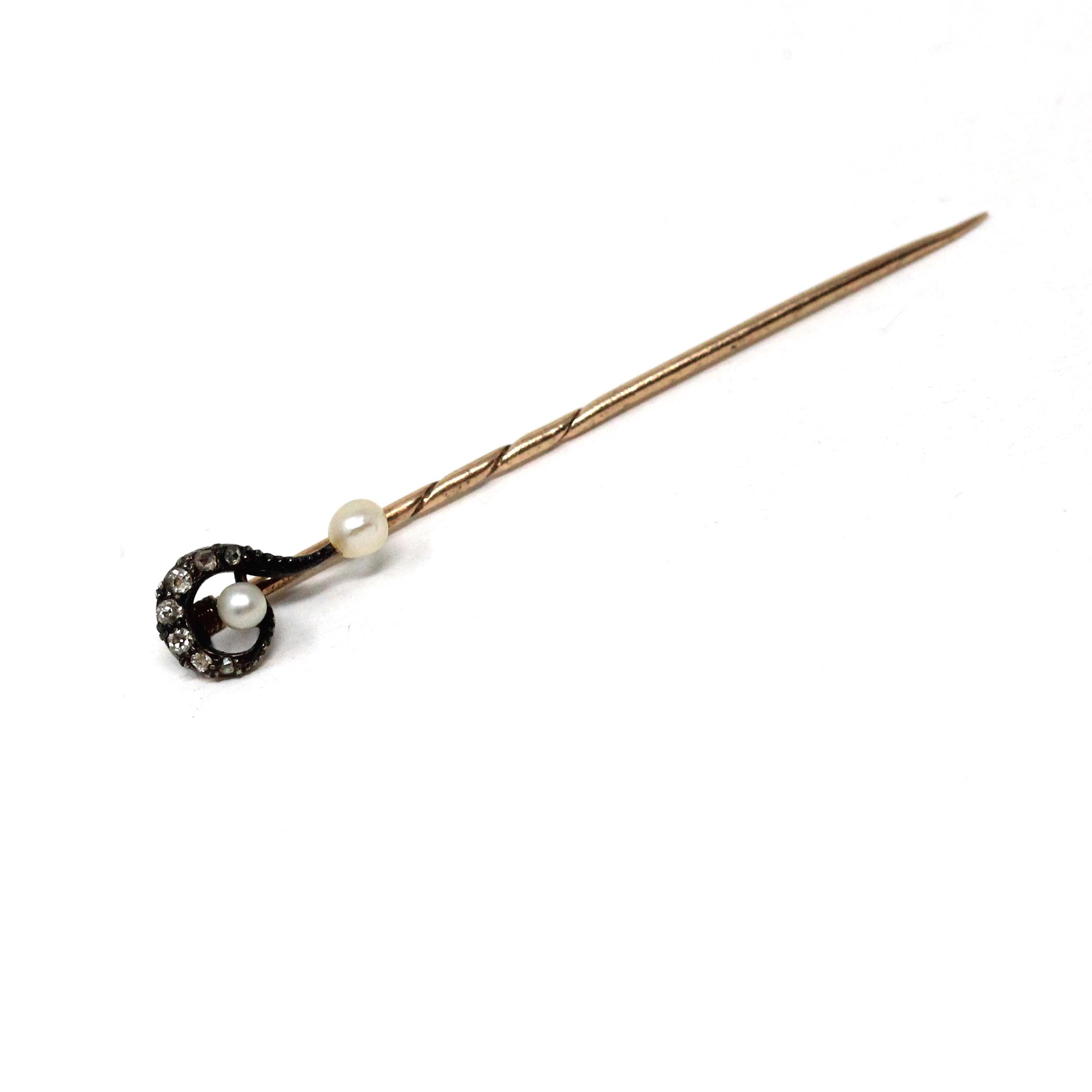 Question Mark Stick Pin - Antique Sterling Silver & 14k Yellow Gold Lapel Cravat Brooch - Victorian Era 1890s Pearl And Diamond Fine Jewelry