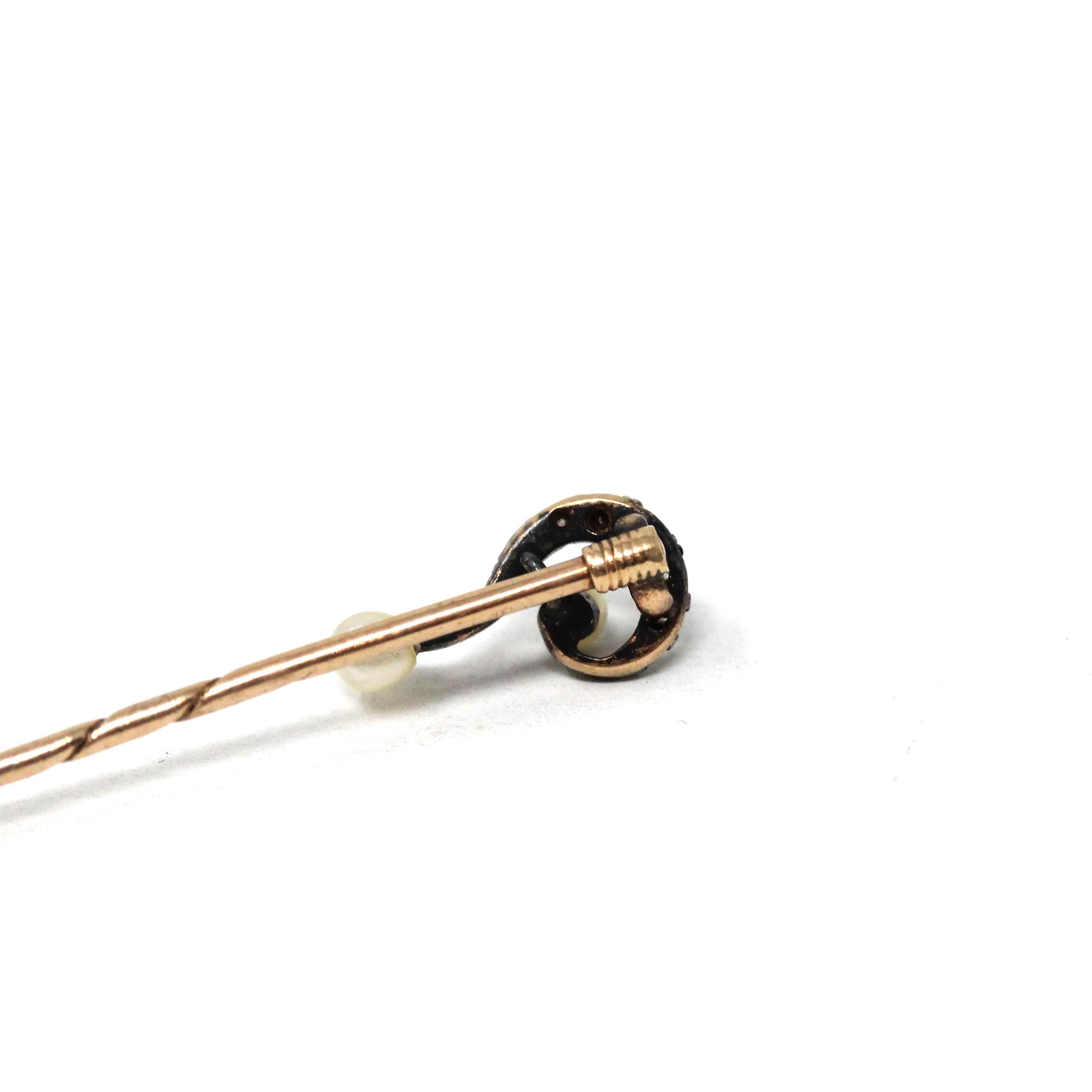 Question Mark Stick Pin - Antique Sterling Silver & 14k Yellow Gold Lapel Cravat Brooch - Victorian Era 1890s Pearl And Diamond Fine Jewelry