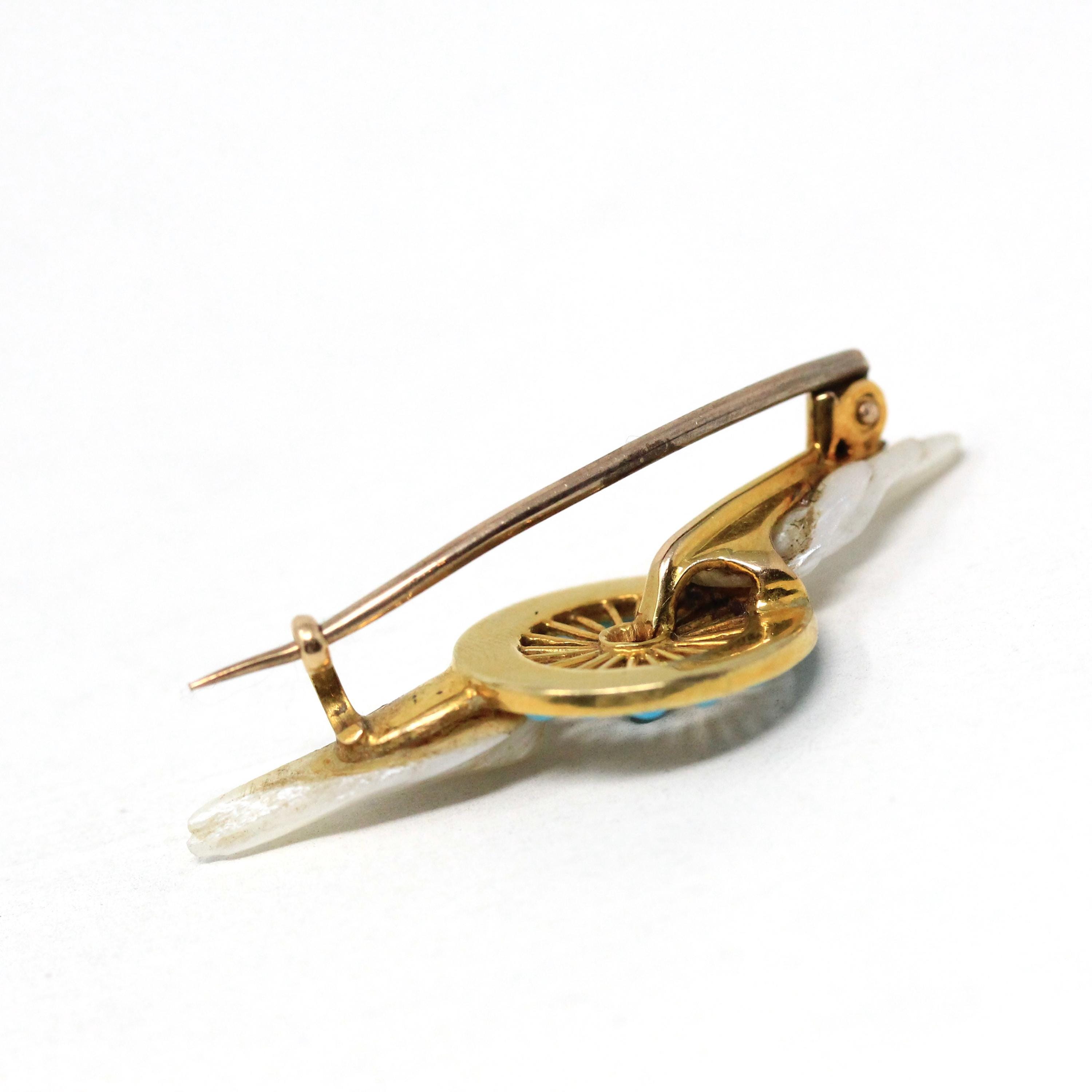 Winged Wheel Brooch - Victorian Era 18k Yellow Gold Natural Blue Turquoise Gems - Antique Circa 1890s Baroque Pearl Speed & Progress Jewelry