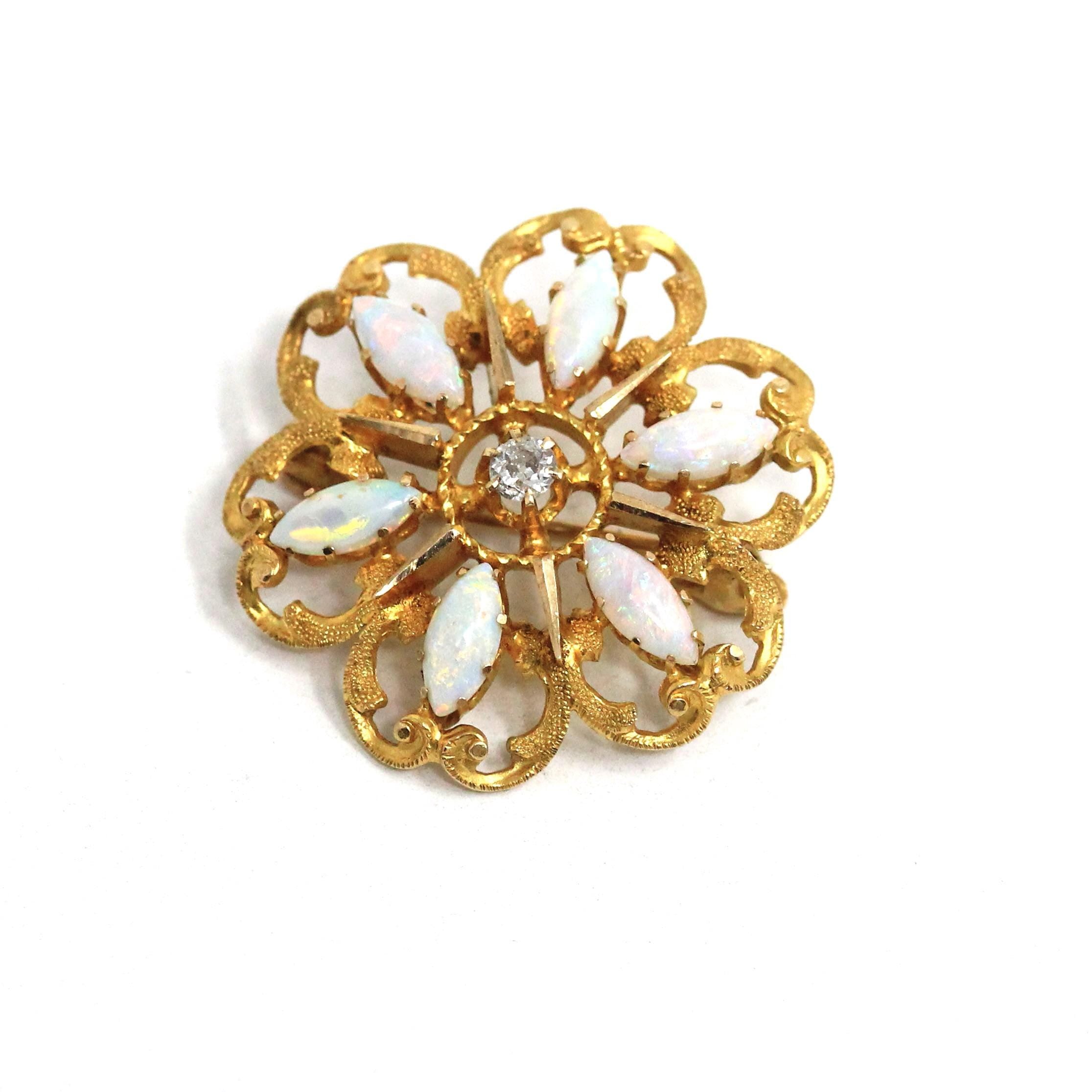 Antique Flower Brooch - Edwardian Era 10k Yellow Gold Natural Opal & Diamond Sunburst Pin - Circa 1900s Fine October Birthstone Jewelry