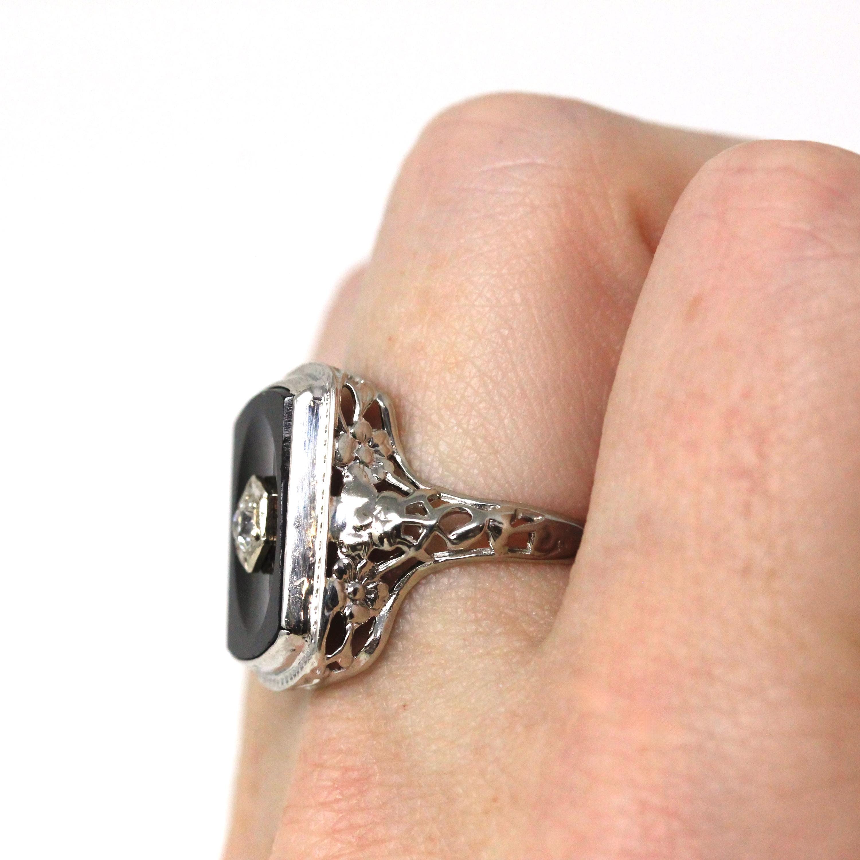 Onyx Filigree Ring - Art Deco Era 14k White Gold Natural .08 CT Diamond Accent - Vintage Circa 1930s Size 5 1/2 Black Chalcedony Jewelry