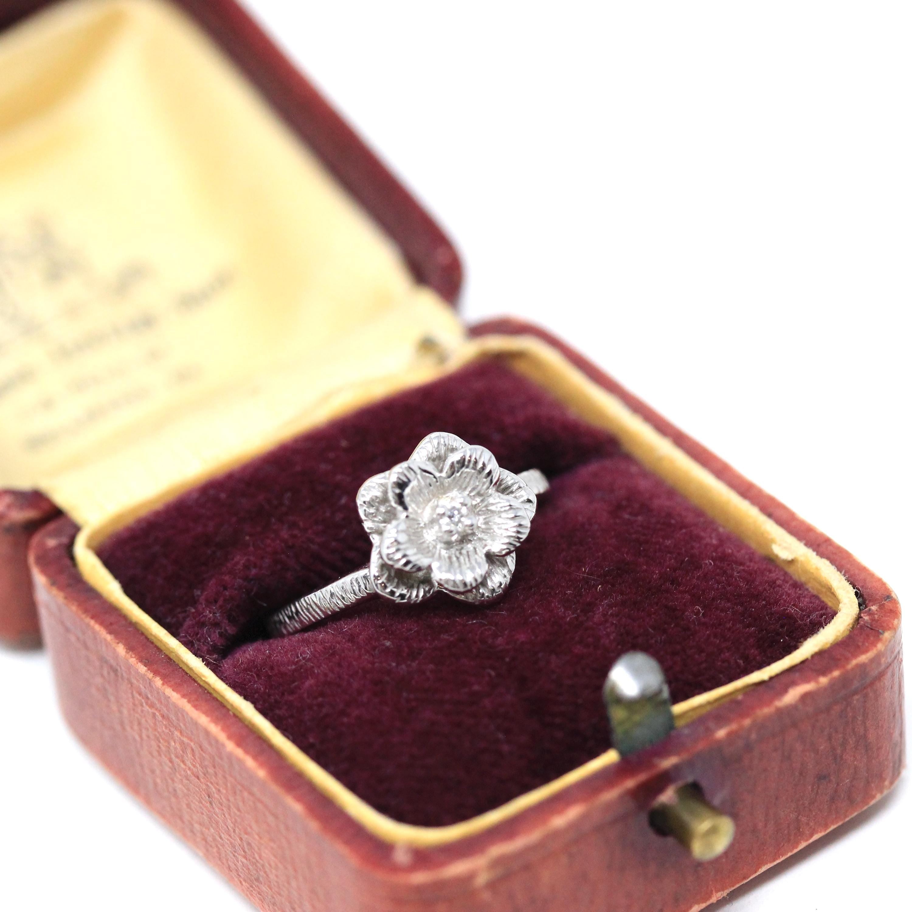 Modern Flower Ring - Estate 14k White Gold Natural Round Brilliant Cut Diamond - Vintage Circa 1990s Era Size 5 Fine Statement Jewelry