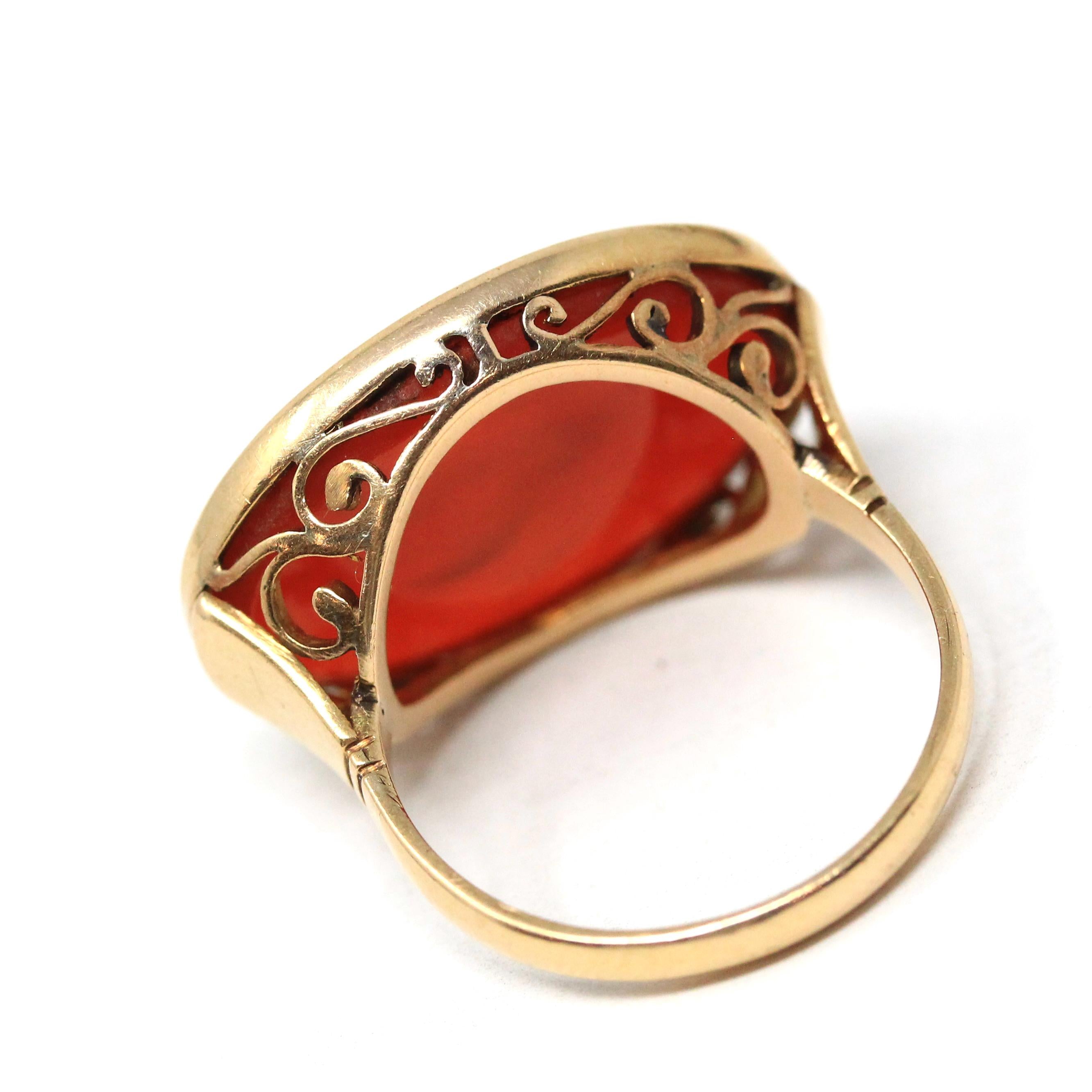 Edwardian Intaglio Ring - Antique 18k Yellow Gold Red Carnelian Carved Engraved Gemstone - Circa 1900s Era Size 6 Unisex Signet Fine Jewelry
