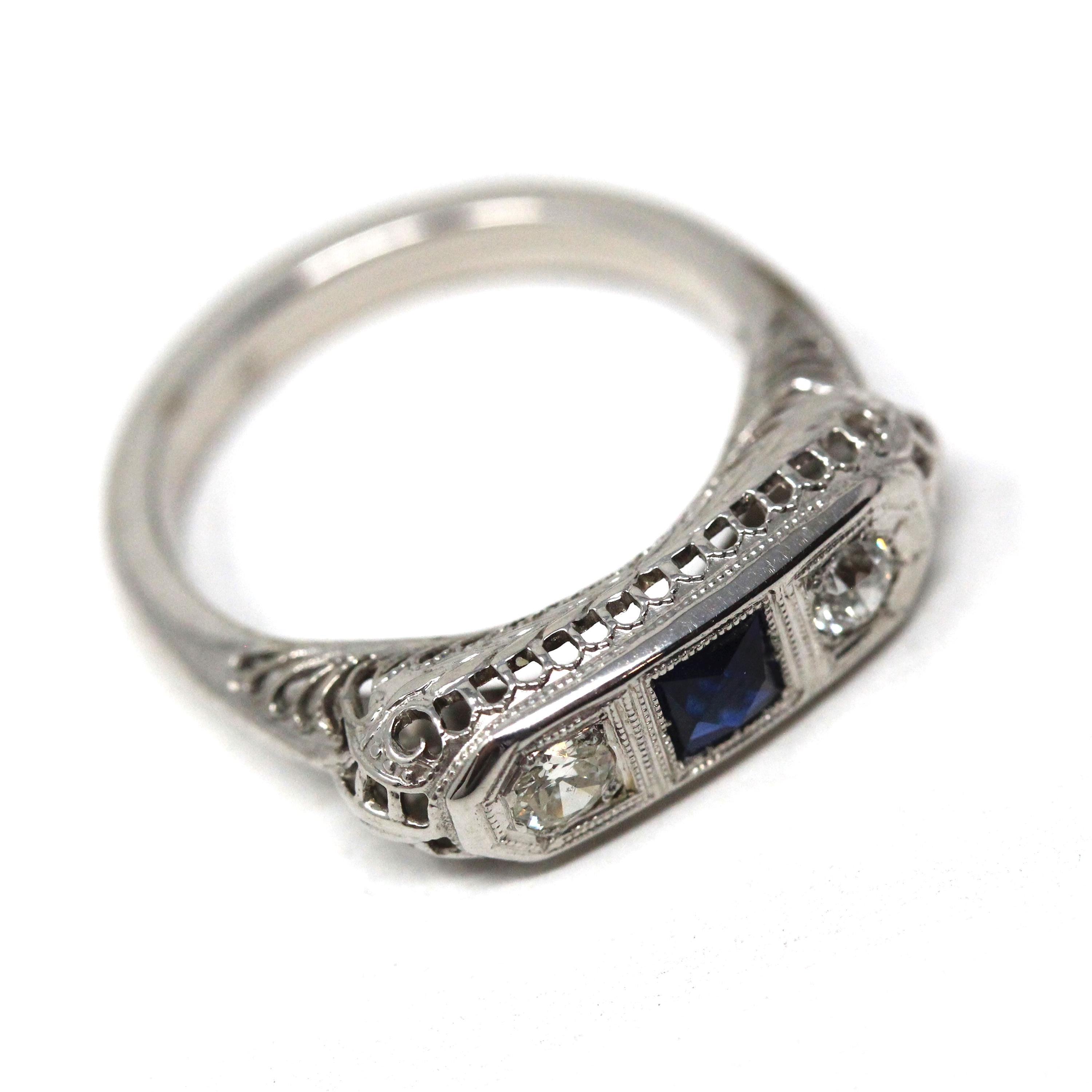 Art Deco Wedding Ring - Vintage 14k White Gold Natural Diamond Created Blue Sapphire Band - Circa 1930s Era Size 5 3/4 Filigree Fine Jewelry