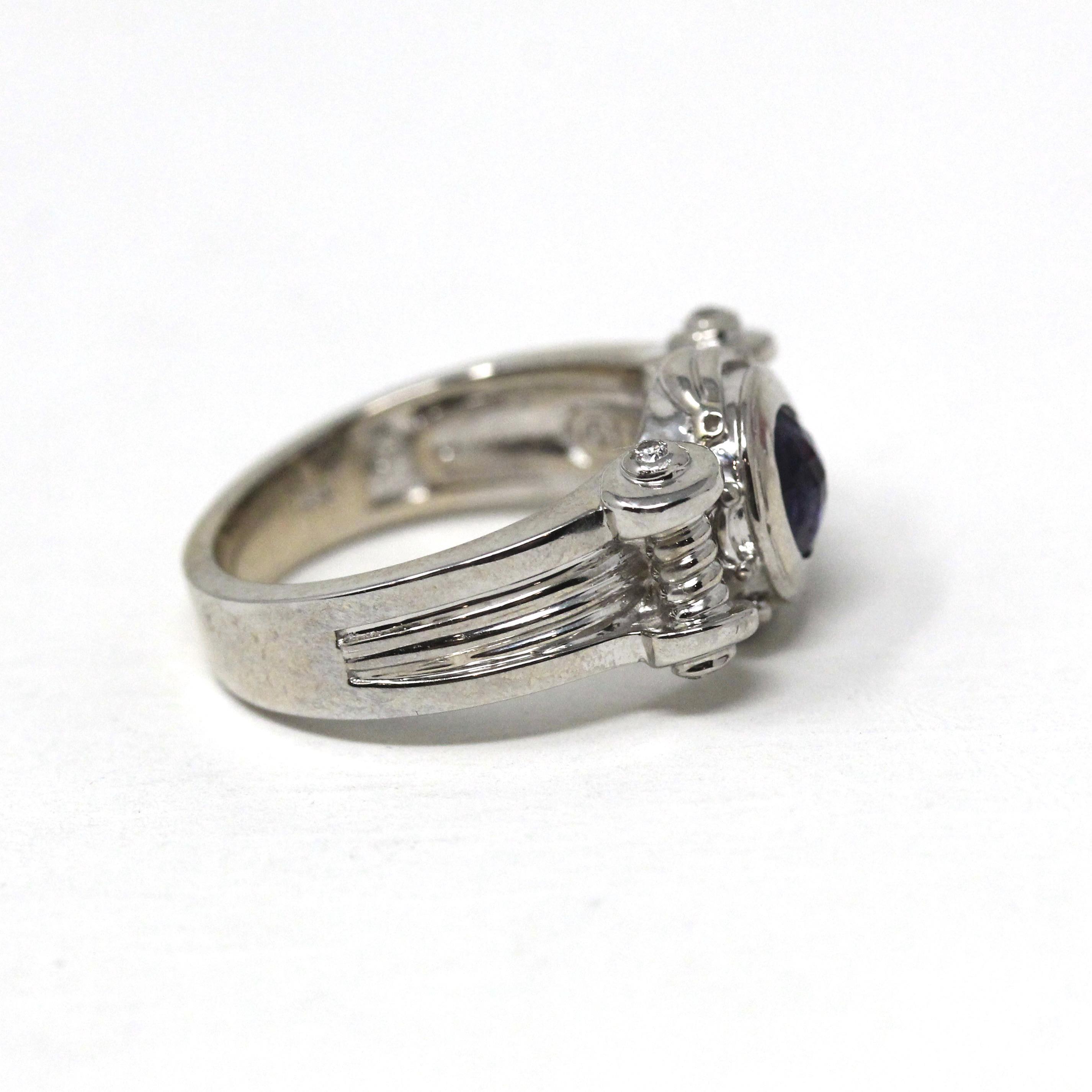 Modern Iolite Ring - 14k White Gold Scroll Design Purple Blue Gemstone & Diamond Accents - Estate Size 6 3/4 Unisex Fine Statement Jewelry