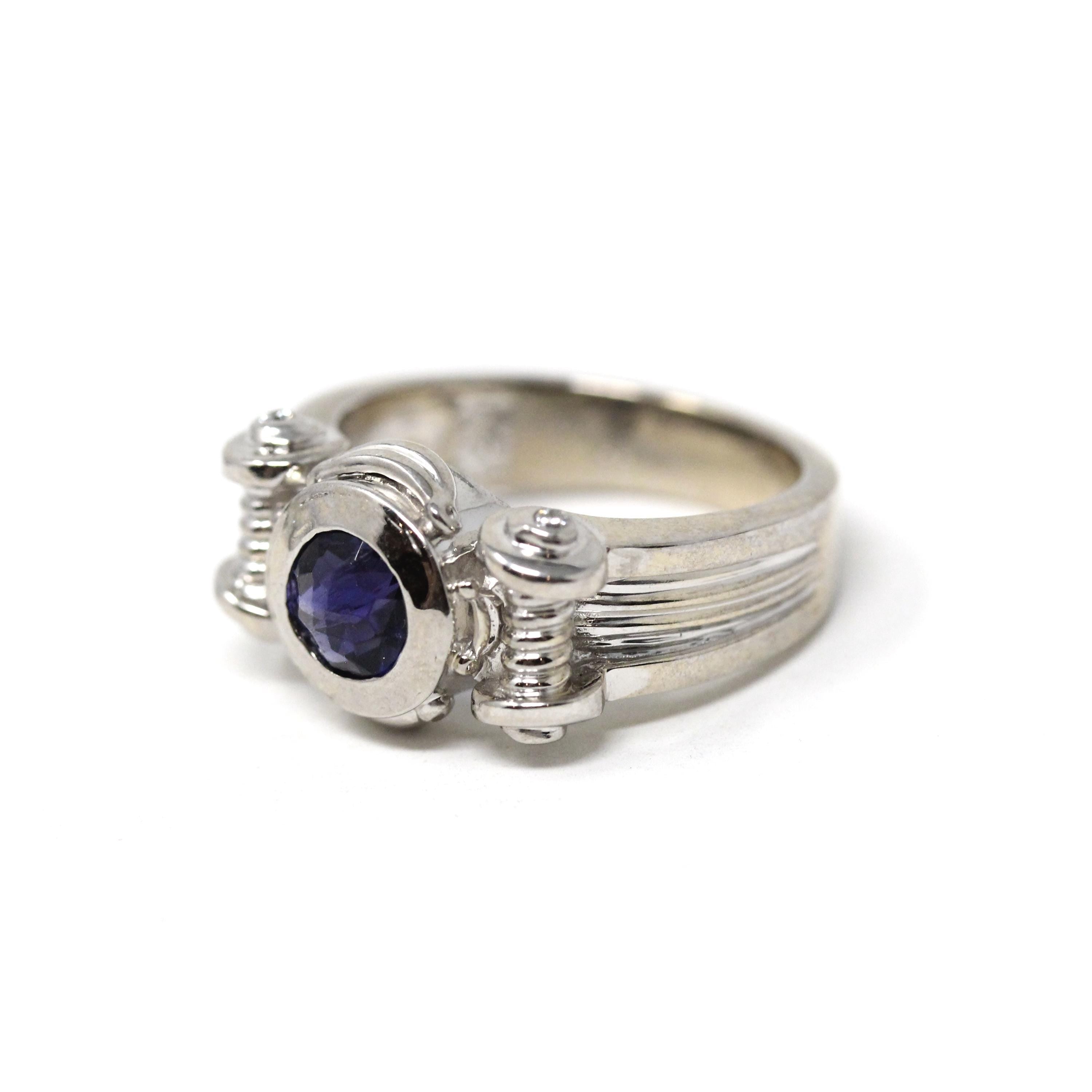 Modern Iolite Ring - 14k White Gold Scroll Design Purple Blue Gemstone & Diamond Accents - Estate Size 6 3/4 Unisex Fine Statement Jewelry