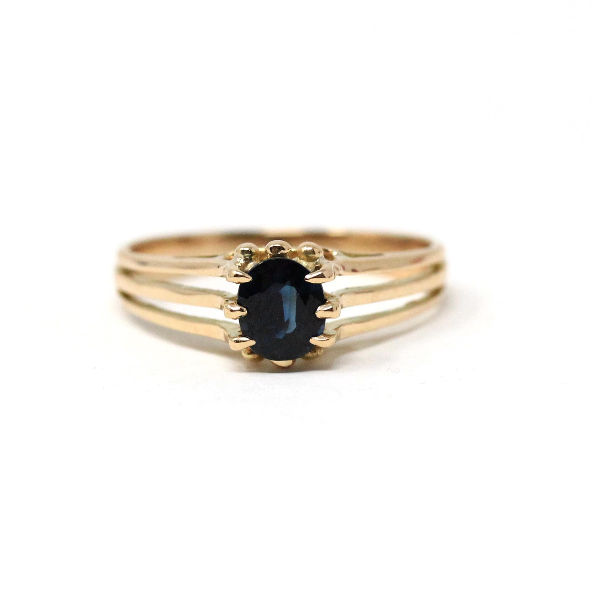 Estate Sapphire Ring - Modern 14k Yellow Gold Natural Blue Gemstone Solitaire - Circa 2000s Size 6 1/4 Engagement Split Shank Fine Jewelry