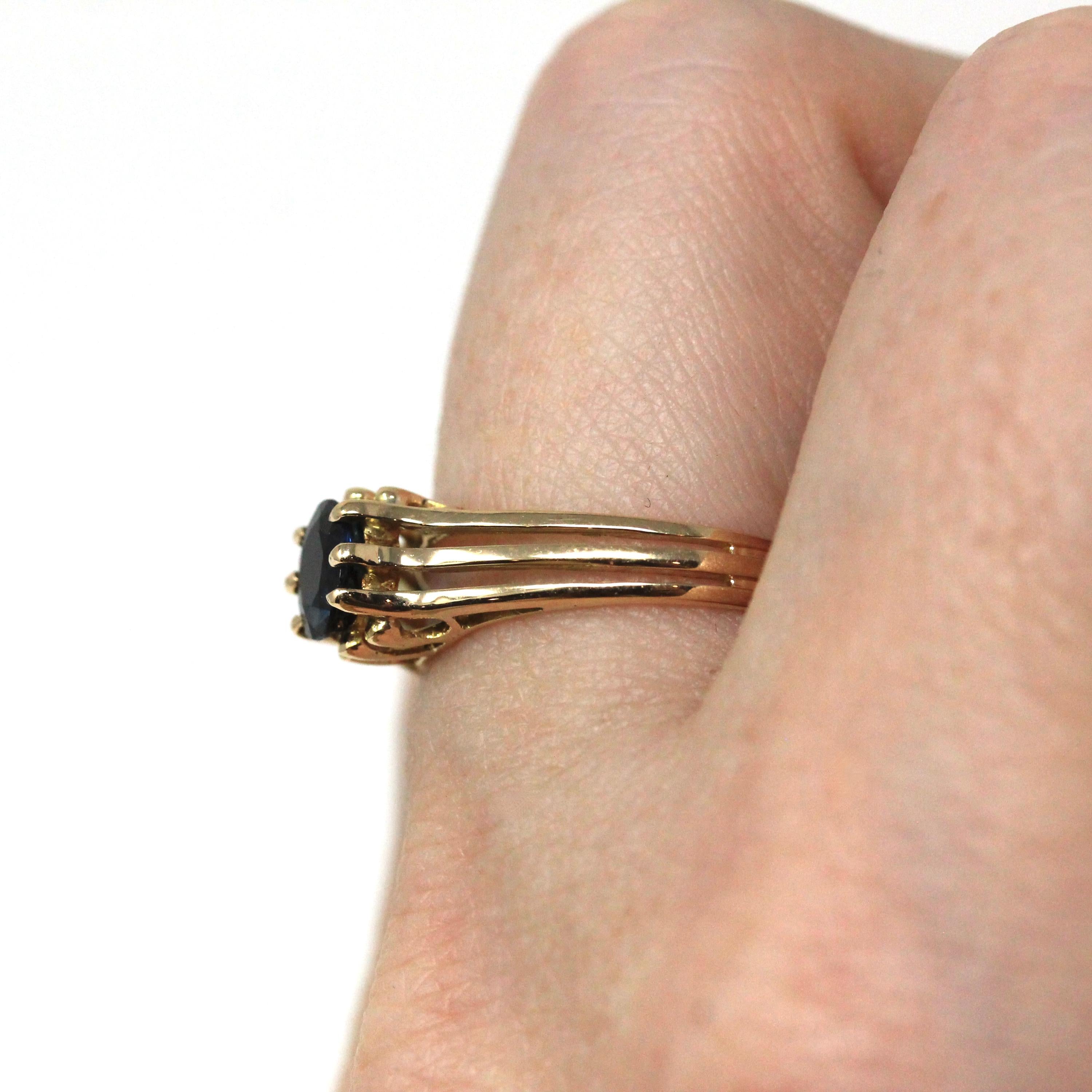 Estate Sapphire Ring - Modern 14k Yellow Gold Natural Blue Gemstone Solitaire - Circa 2000s Size 6 1/4 Engagement Split Shank Fine Jewelry