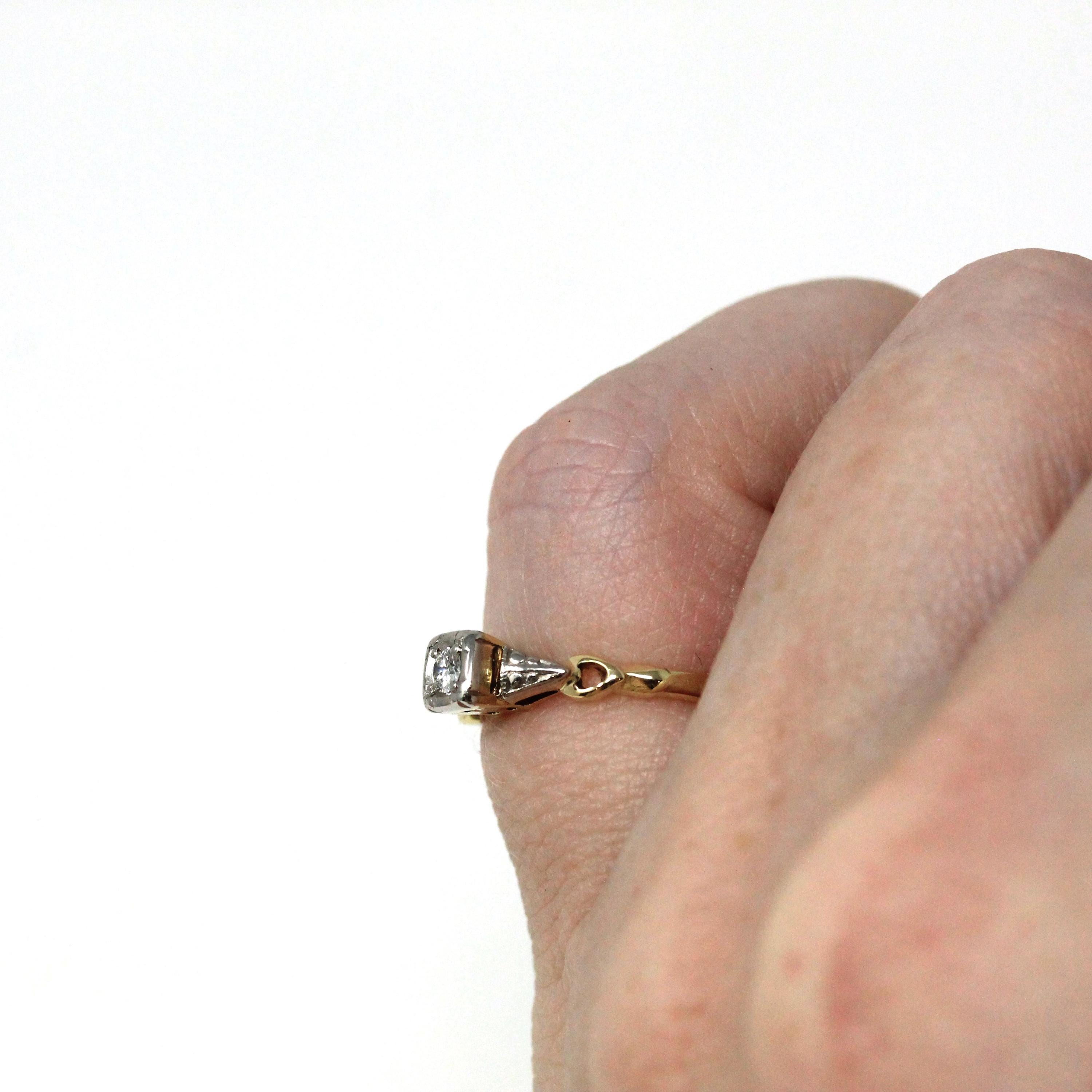 Vintage Diamond Ring - Mid Century 14k Yellow Gold and Palladium Two Tone Band - Circa 1940s Era Size 3 1/4 Illusion Fine Engagement Jewelry