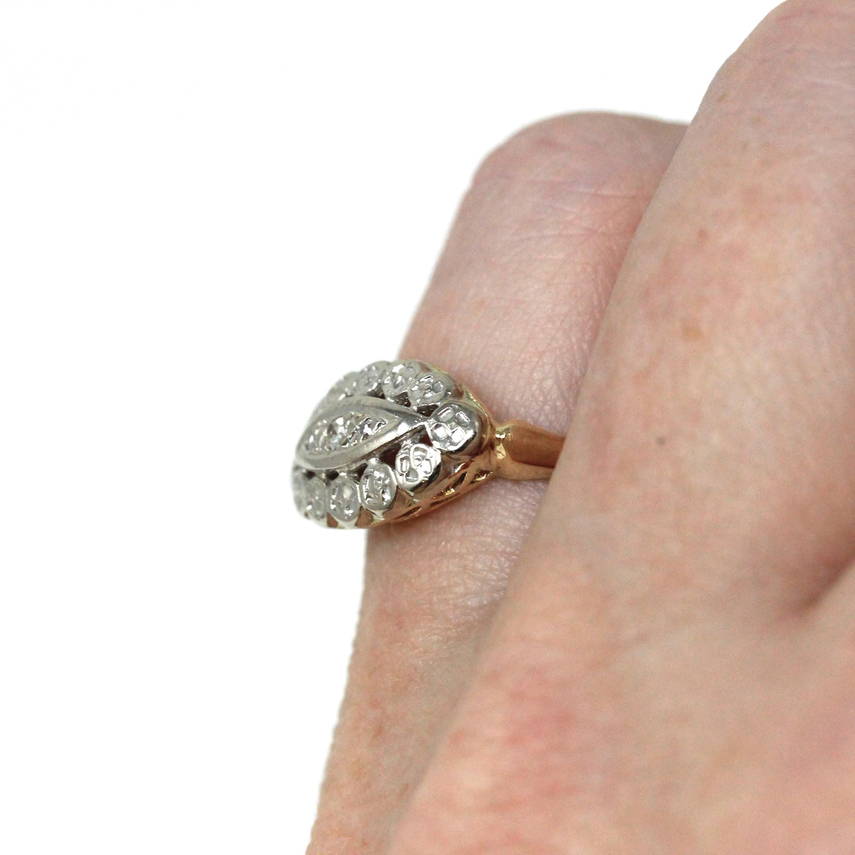 Vintage Princess Ring - Mid Century 14k Yellow & White Gold Diamonds Two Tone - Circa 1950s Era Size 5 1/4 Anniversary Berland Fine Jewelry