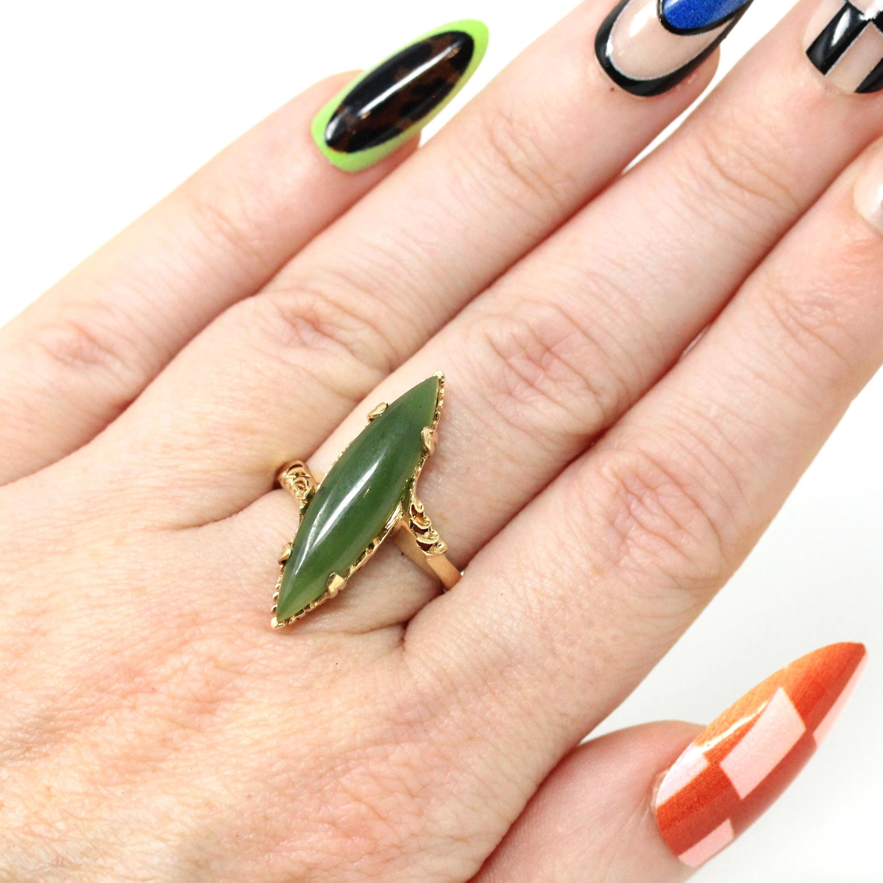 Nephrite Jade Ring - Retro 10k Yellow Gold Marquise Cut Natural Green Gemstone - Vintage Circa 1970s Era Size 6 1/2 Bypass Fine 70s Jewelry