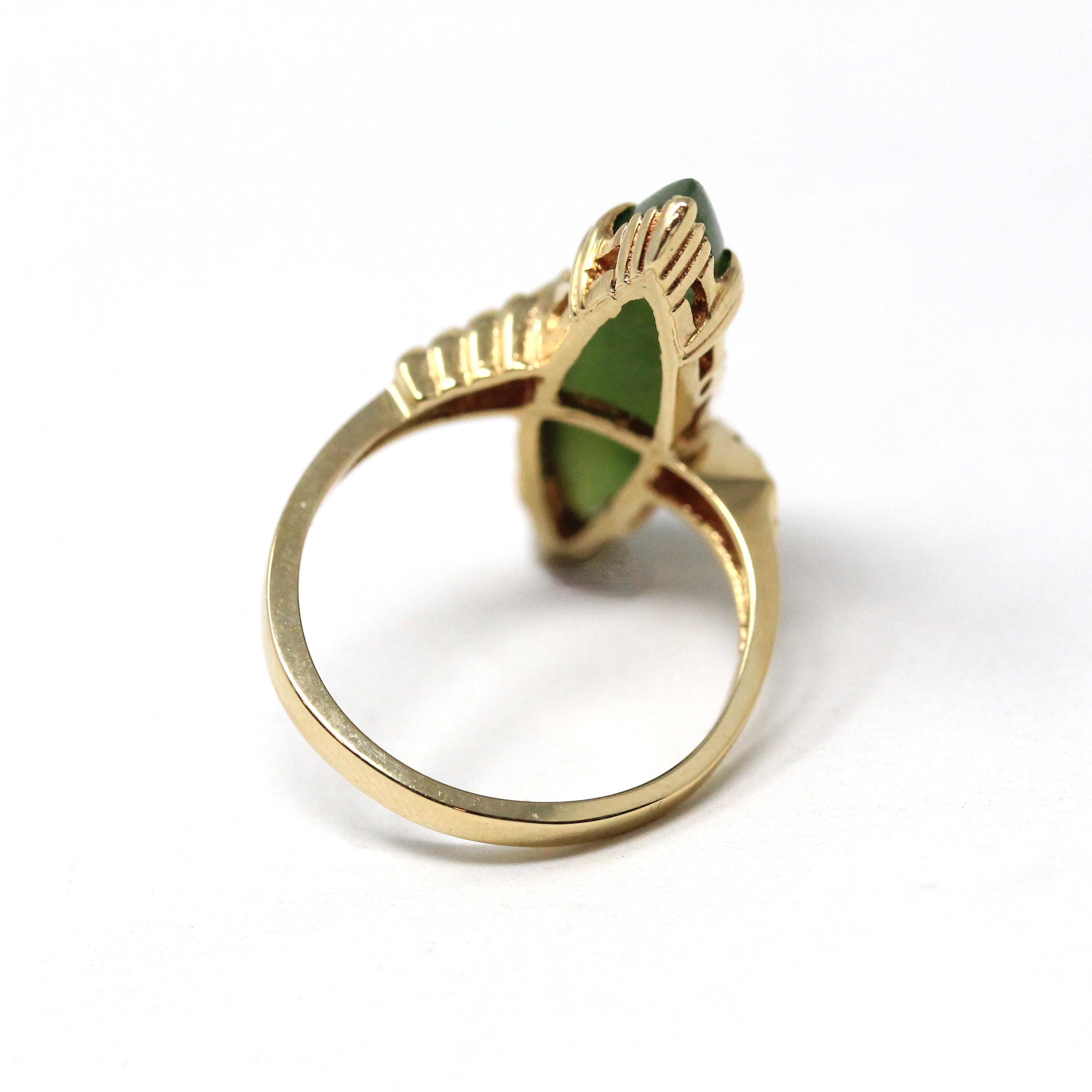 Nephrite Jade Ring - Retro 10k Yellow Gold Marquise Cut Natural Green Gemstone - Vintage Circa 1970s Era Size 6 1/2 Bypass Fine 70s Jewelry