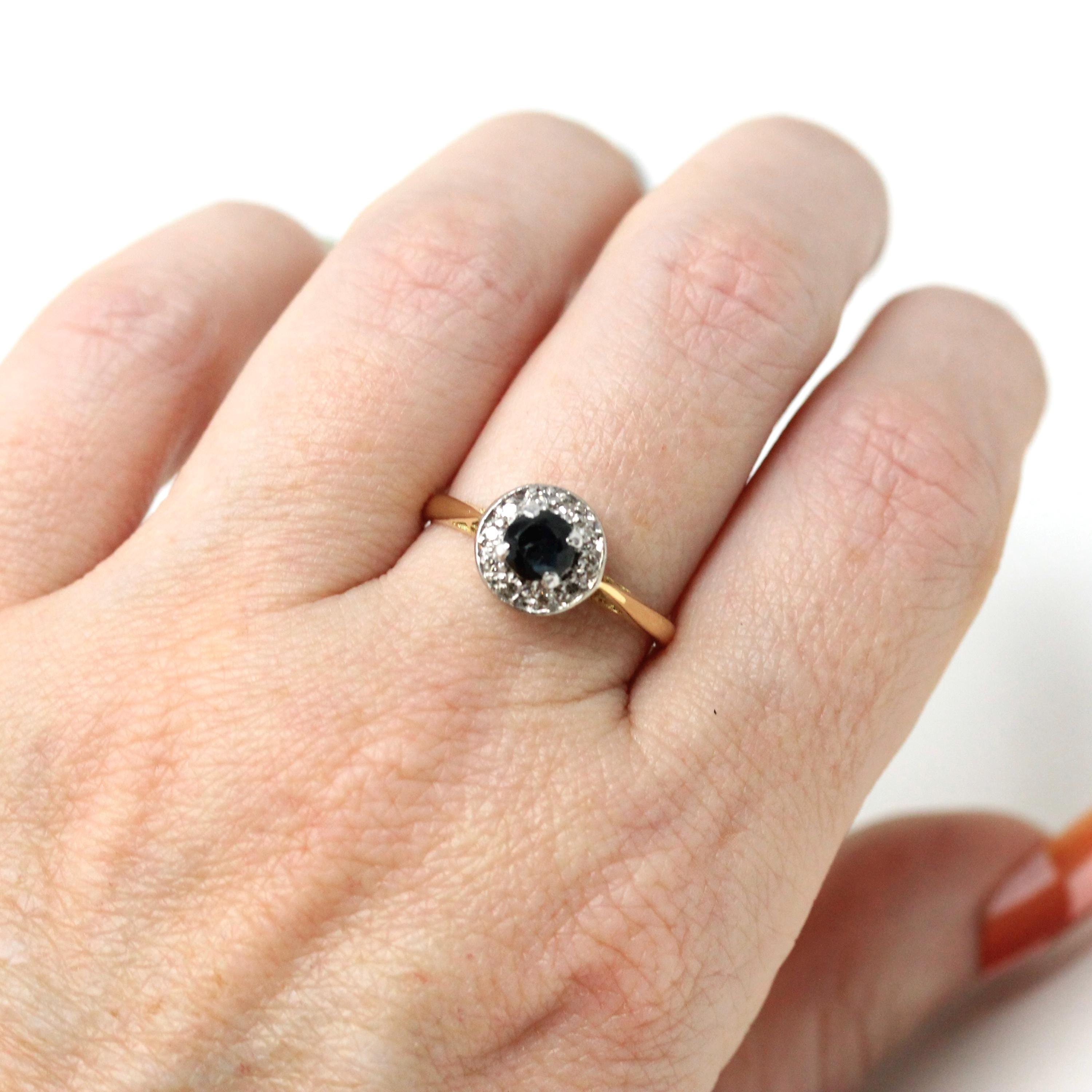 Vintage Engagement Ring - Retro Era 18k Yellow & White Gold Natural Sapphire And Diamond Halo - Circa 1960s Size 6 3/4 Fine Bridal Jewelry