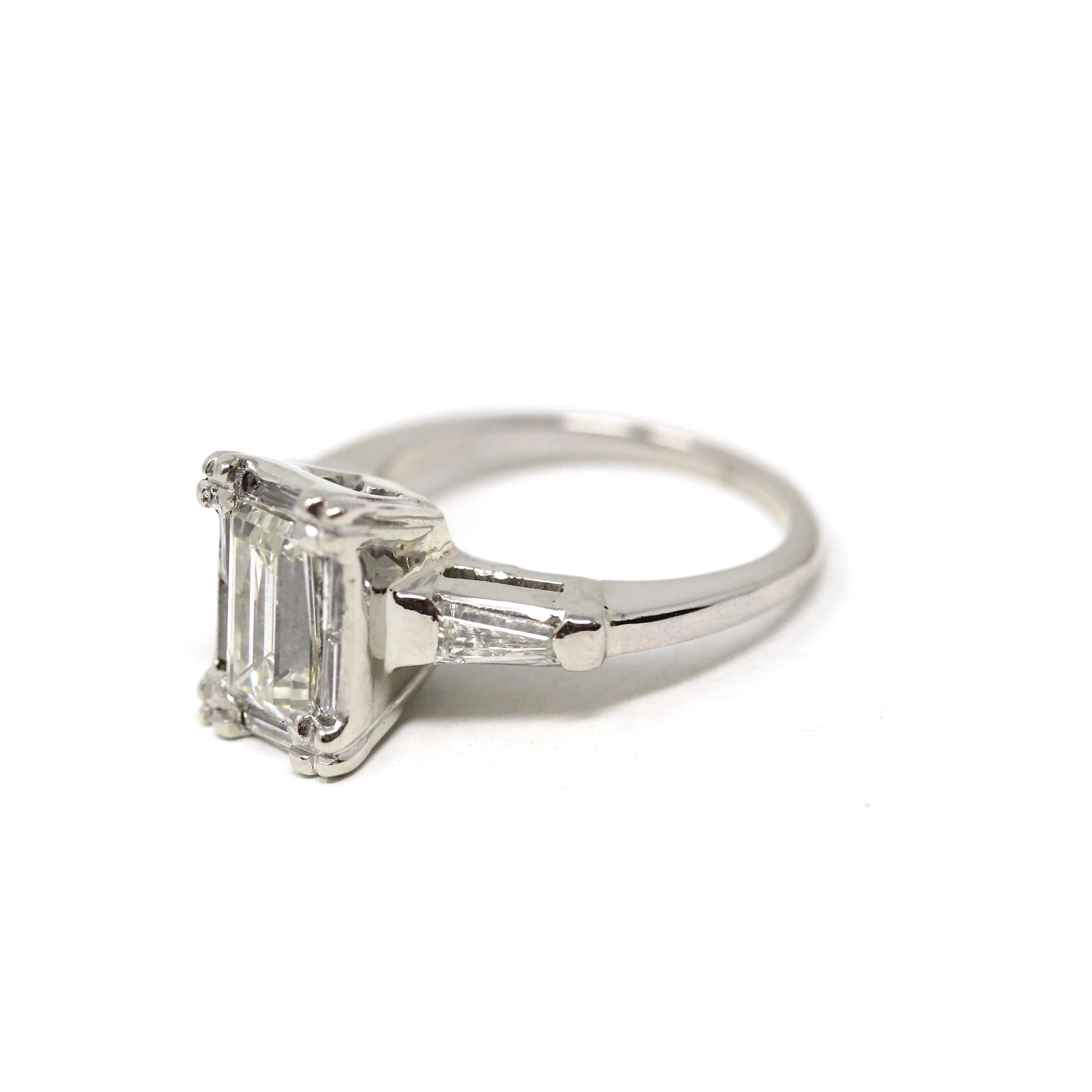 Vintage 1.57 ctw Diamond Ring - Mid Century Platinum Emerald Baguette Cut Natural Diamonds - Circa 1950s Size 4 1/4 Report Fine Jewelry
