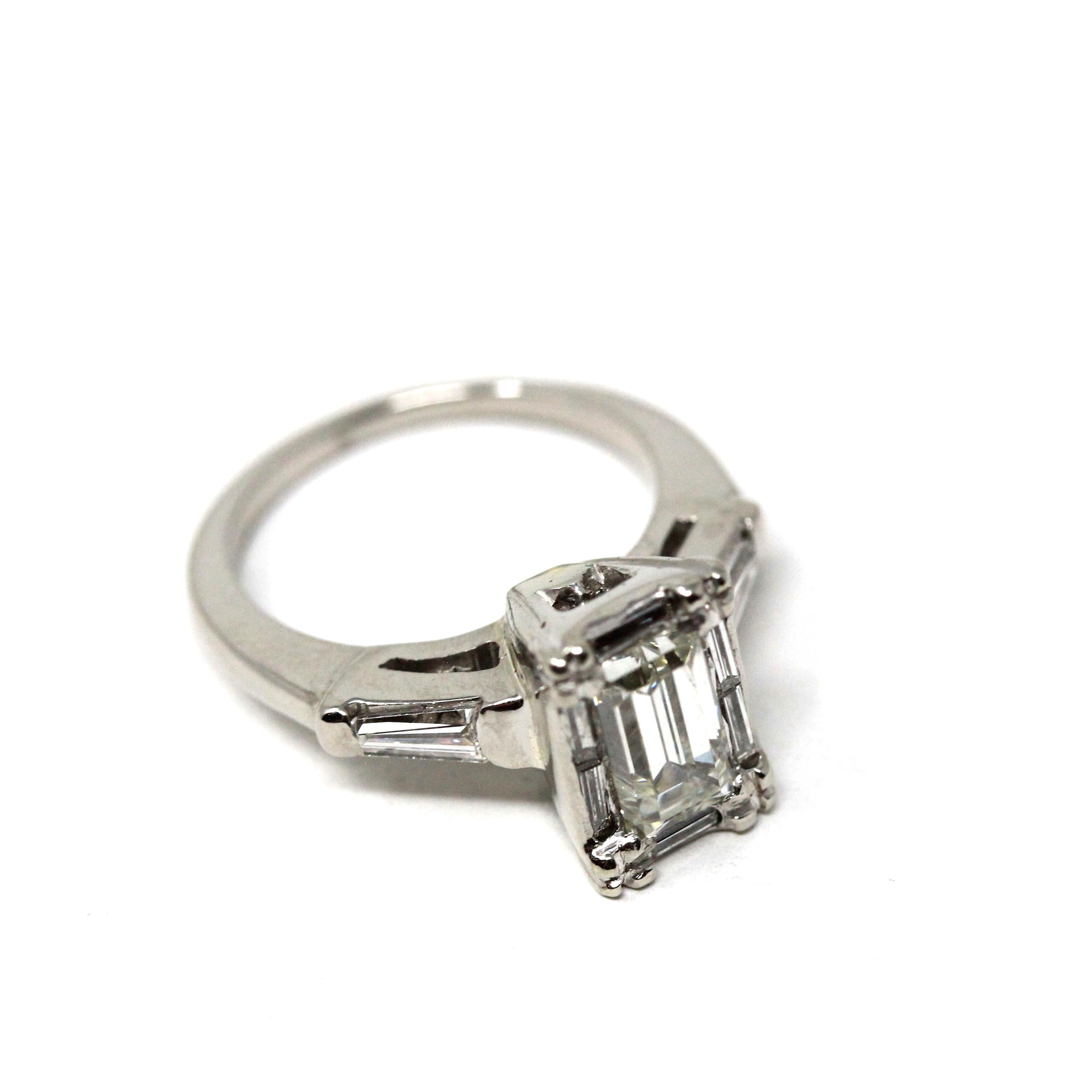 Vintage 1.57 ctw Diamond Ring - Mid Century Platinum Emerald Baguette Cut Natural Diamonds - Circa 1950s Size 4 1/4 Report Fine Jewelry